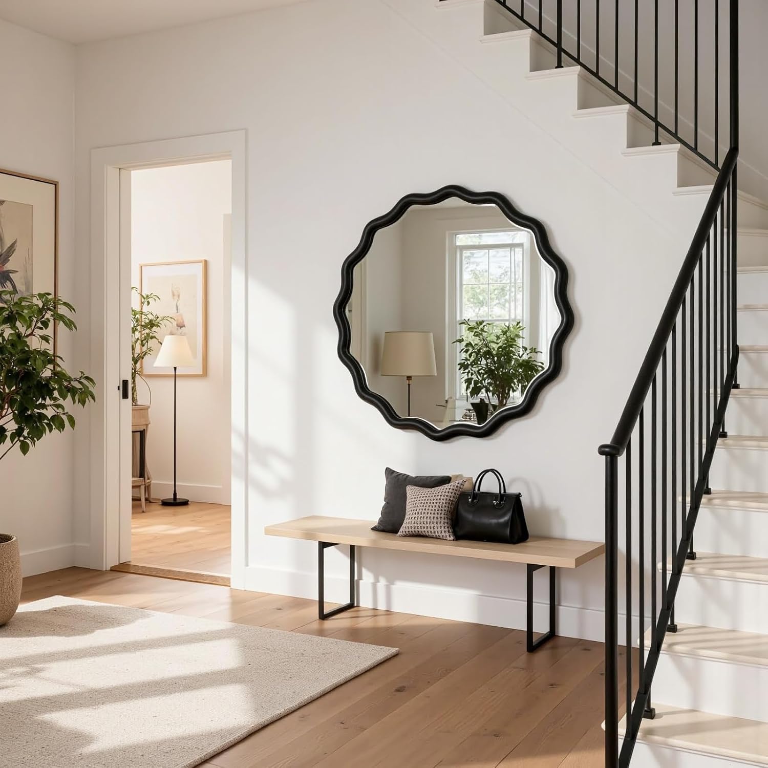 Black Scalloped Circle Mirror,24 inch Round Wood Wavy Bathroom Farmhouse Wall Mirror for Bedroom, Living Room, Hallway, Entryway, Office