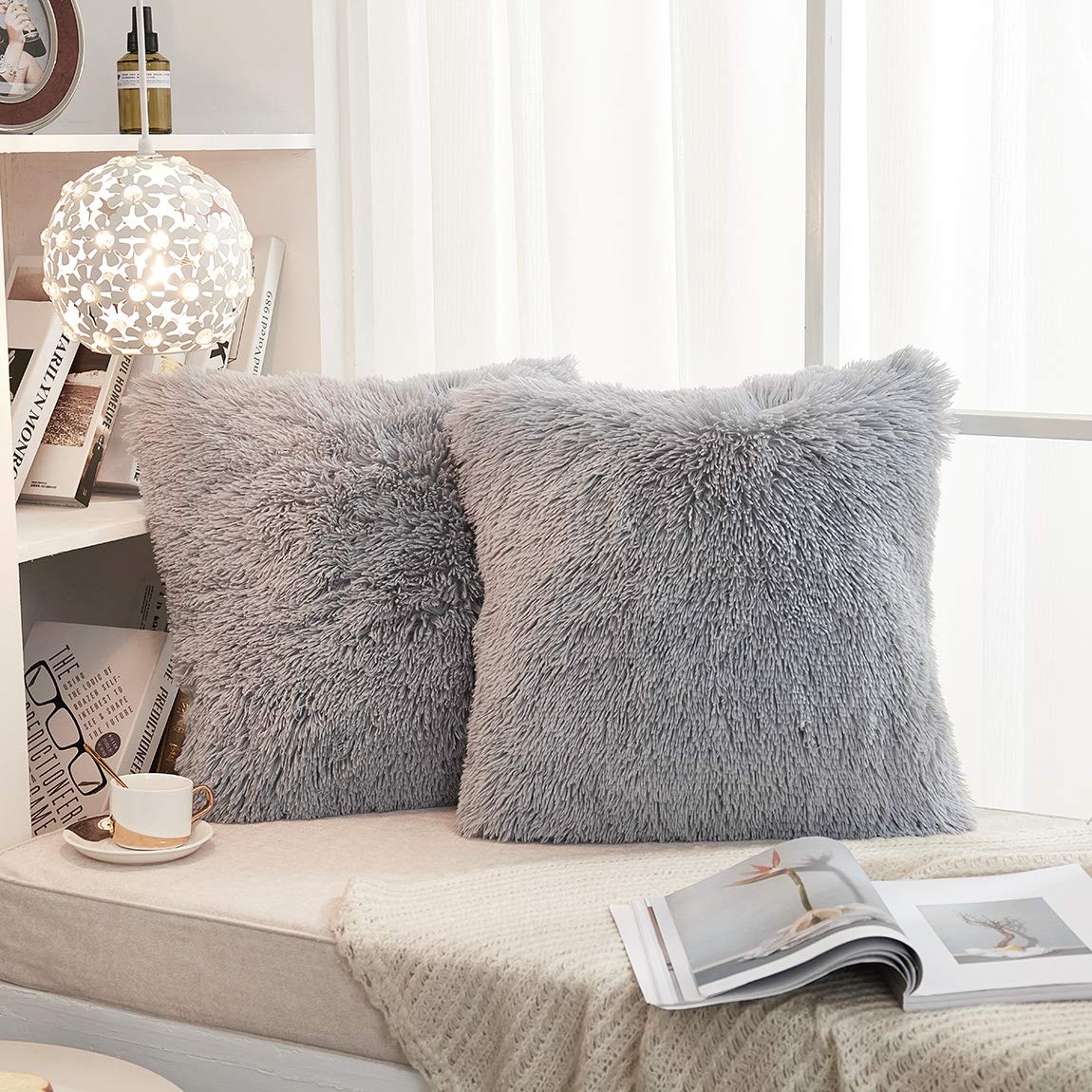 JAUXIO Set of 2 Long Faux Fur Soild Decorative Pillowcase Fluffy Throw Pillow Cover Velvet Shaggy Plush Cushion Case for Couch (18X18 Inches Light Grey)