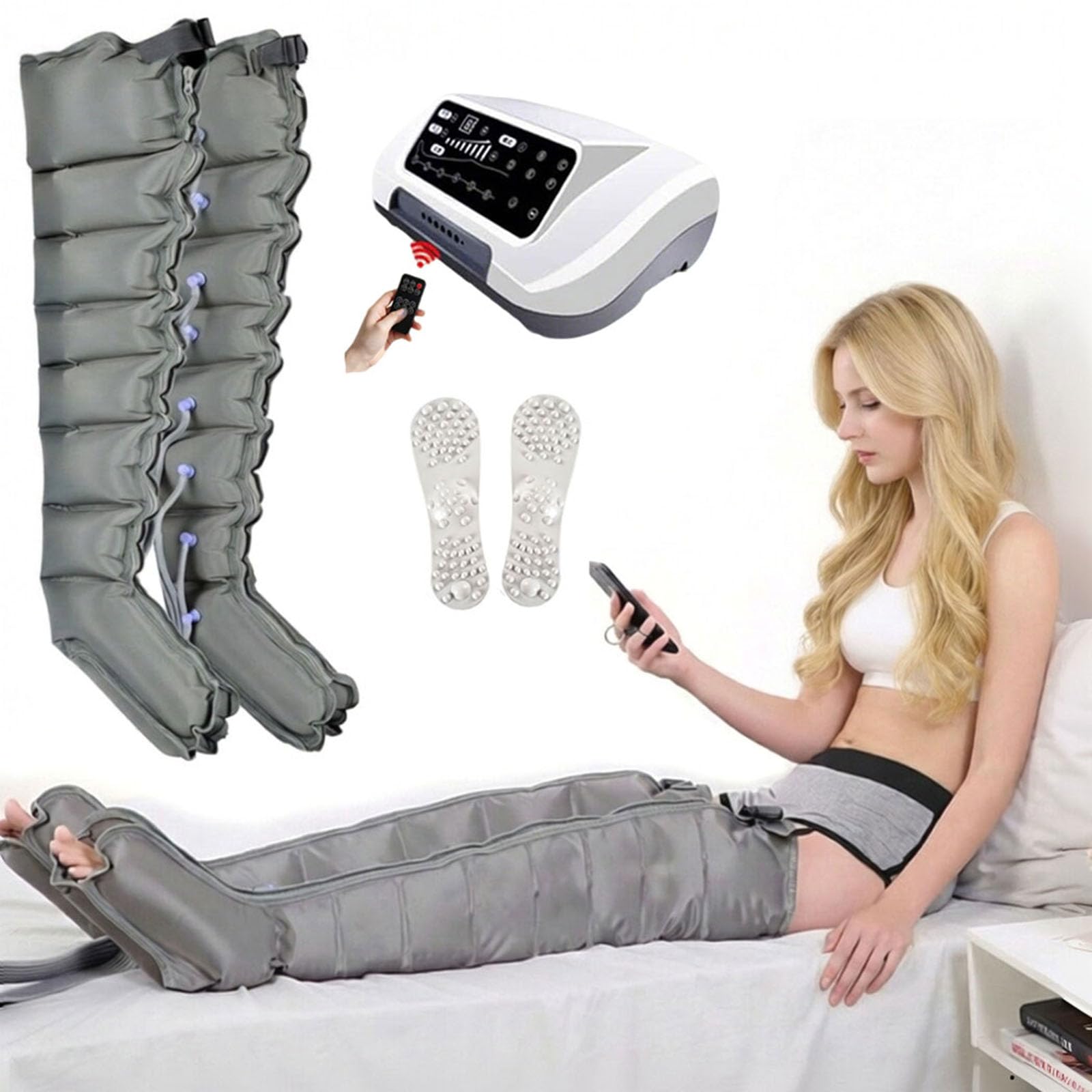 Presoterapia para Casa, Masajeador de Piernas y Abdomen con Compresión de Aire 8 Cámaras y Control Remoto, Presión Regulable con Temporizador para Relax Familiar y Confort Diario