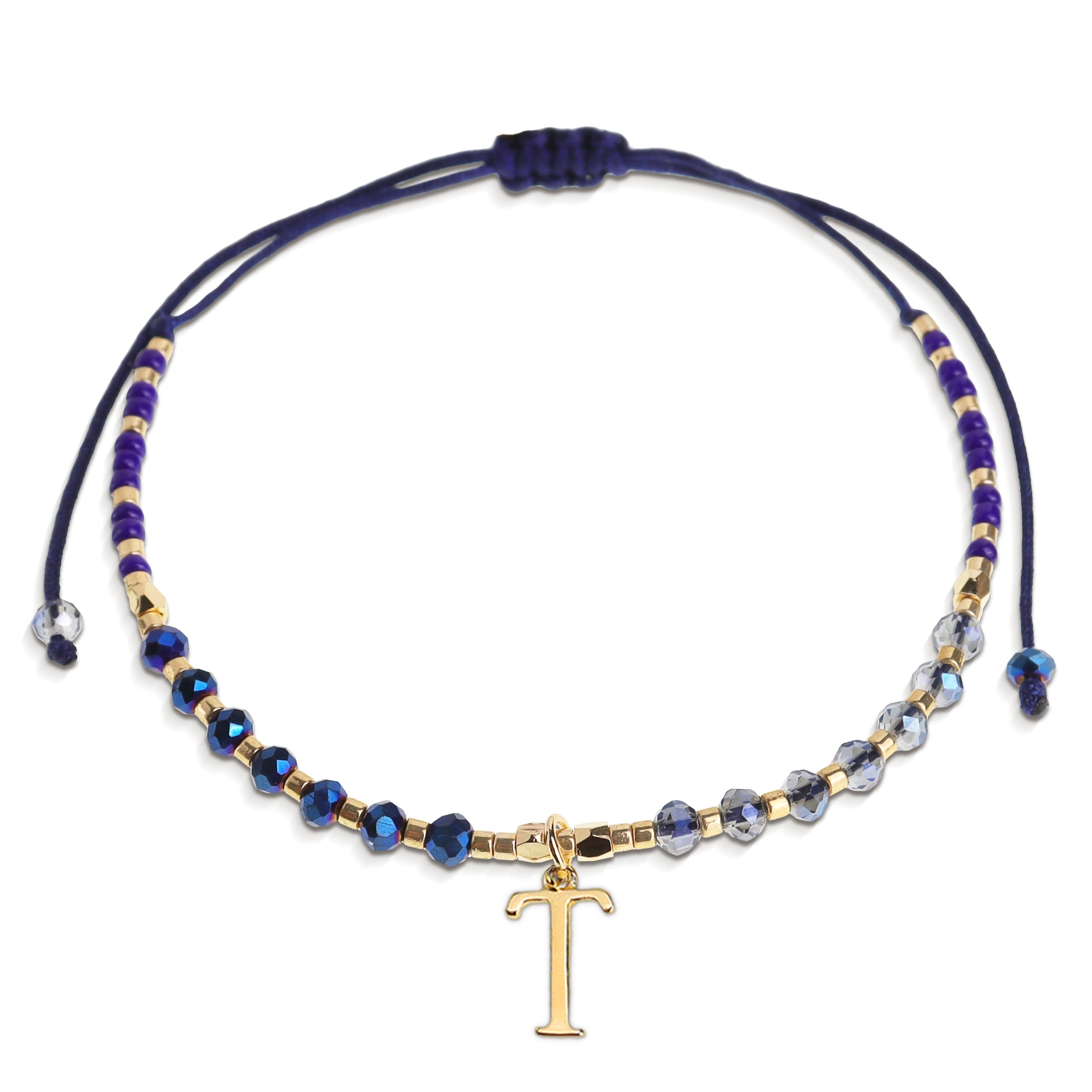 Agriajun Navy Blue Gold Beaded Natural Stone Initial Bracelets for Women, Boho Handmade Personalized Gemstone Beads Letter Name Braided Rope