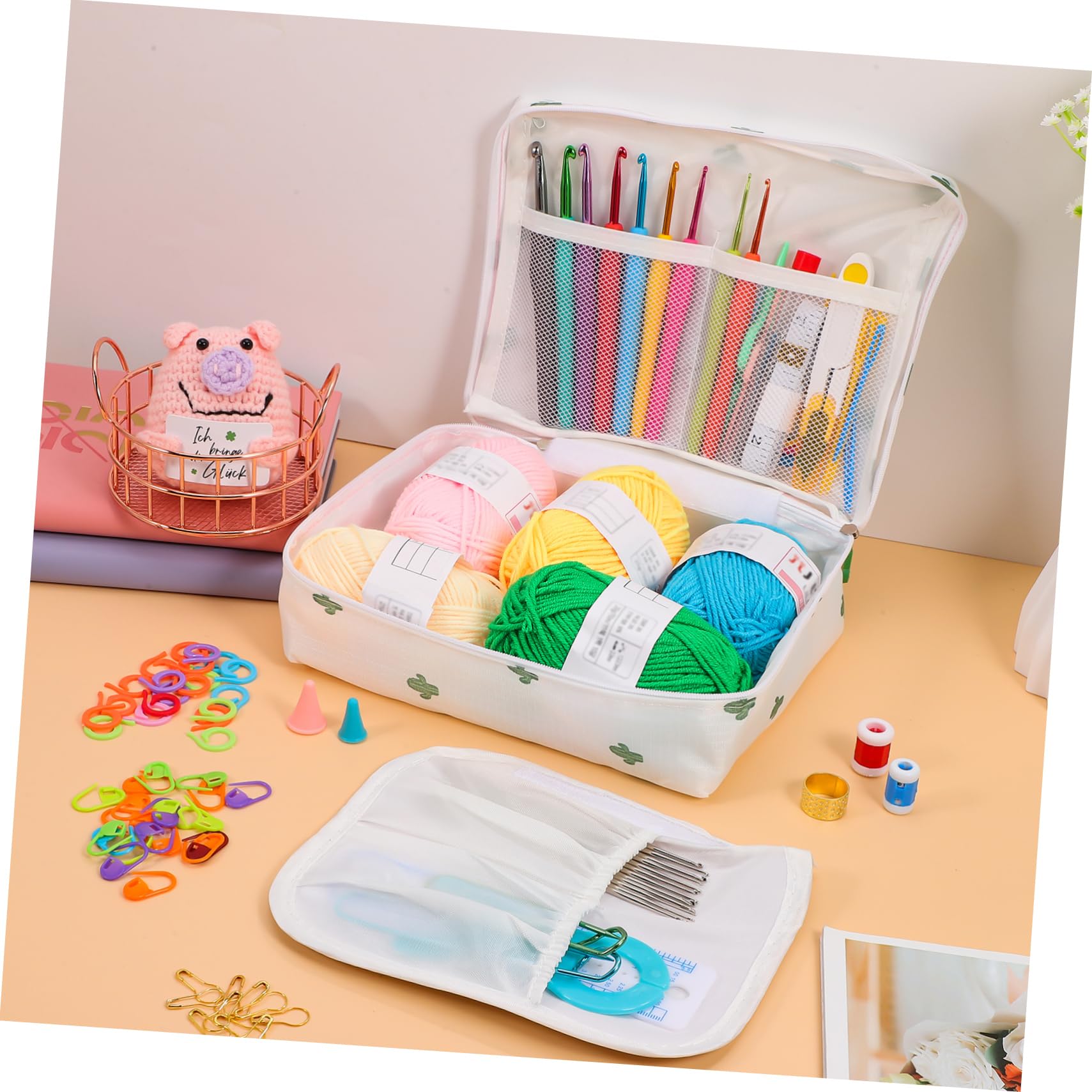 VILLCASE Uncinetto Completo con Borsa per Trasporto Incluso Filato Segnapunti e Nastro Kit per Principianti all Uncinetto e Tessitura Manuale