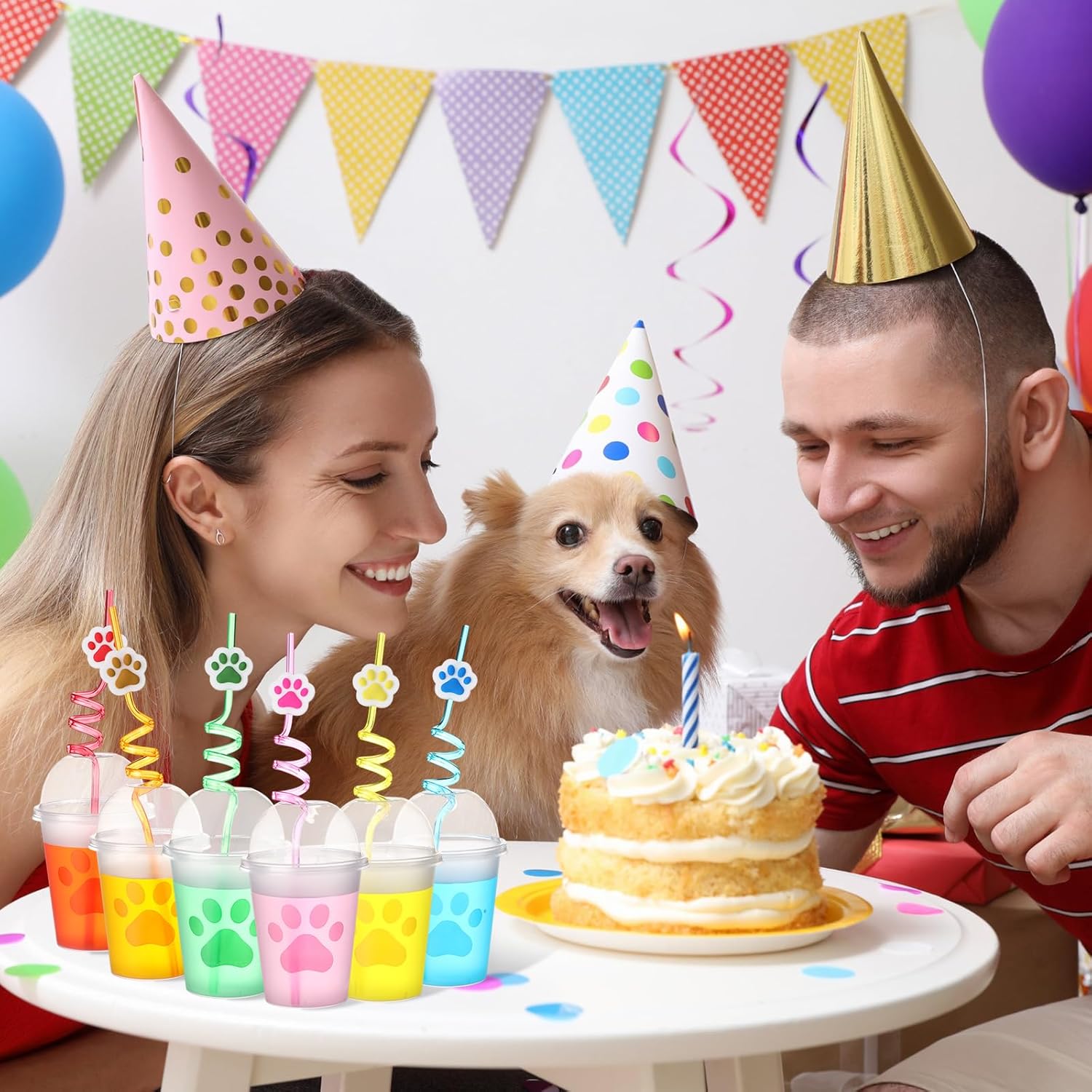 Qinyoung 48 Sets Colorful Dog Paw Print Sippy Cups with Straws and Lids, 12 oz Clear Plastic Dog Paw Party Cups with Dome Lids for Baby Shower Birthday Party Supplies - Image 6