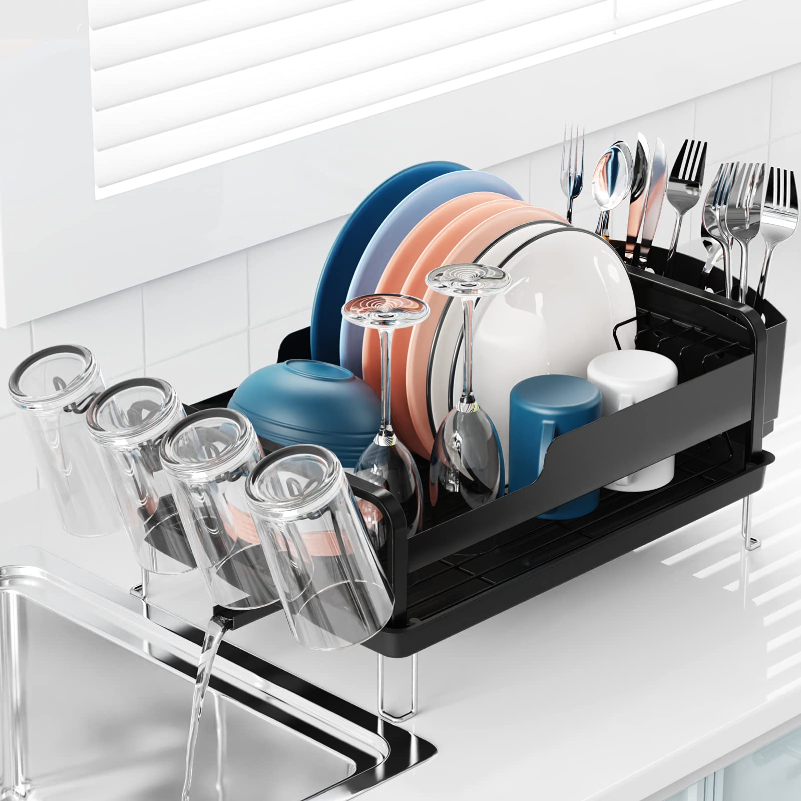 Dish Drying Rack, GSlife Dish Rack with Drainboard Durable Dish Drainer  with Swivel Spout, Utensil Holder, Cup Holder for Kitchen Counter, Black