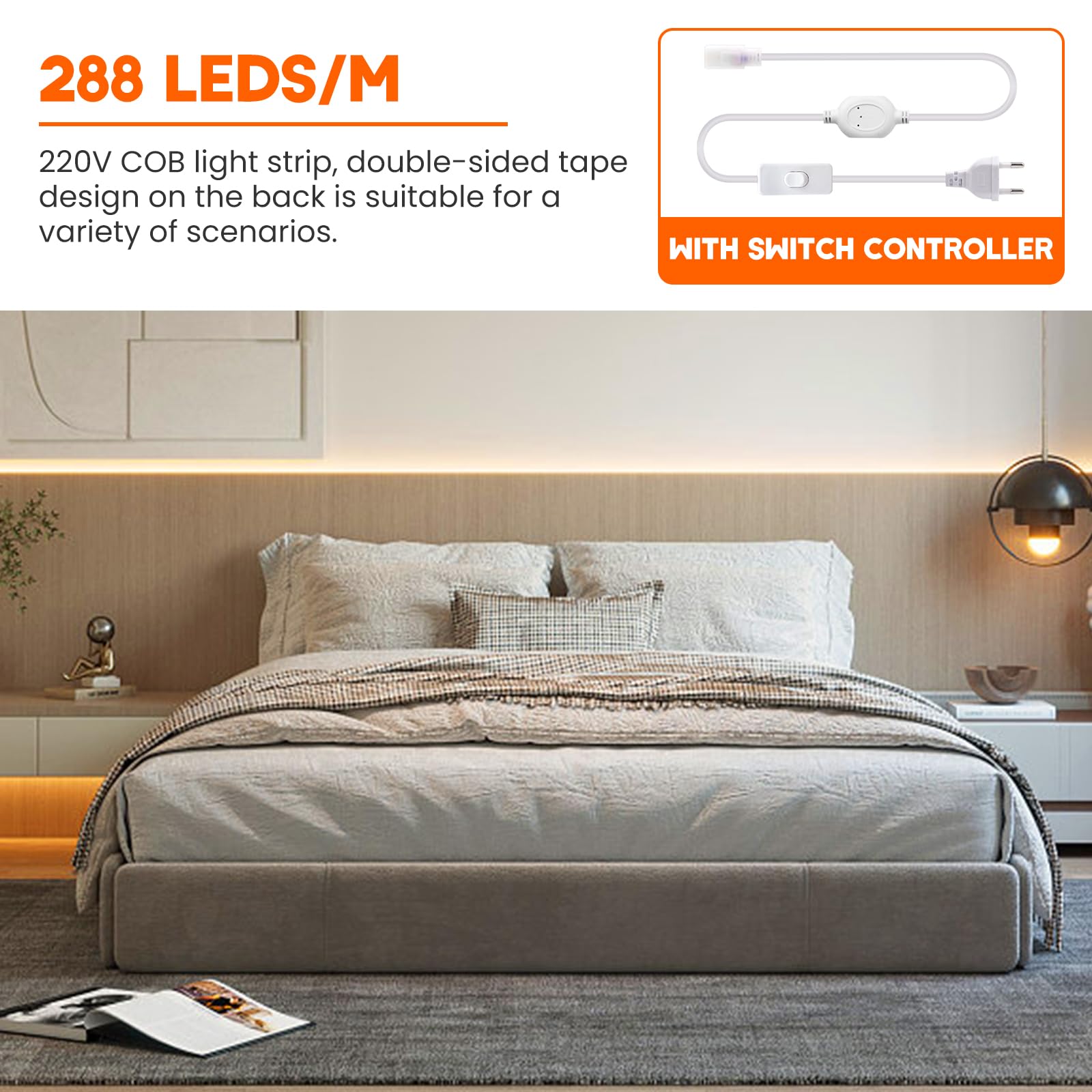 220V COB LED Streifen 20M, IP65 LED Band Lichtschlauch Leiste Kette Selbstklebend, 288LEDs/m Flexible Superhell Kaltweiß CRI≥85 LED Lichtband mit Schaltstecker für Weihnachten, Hochzeit