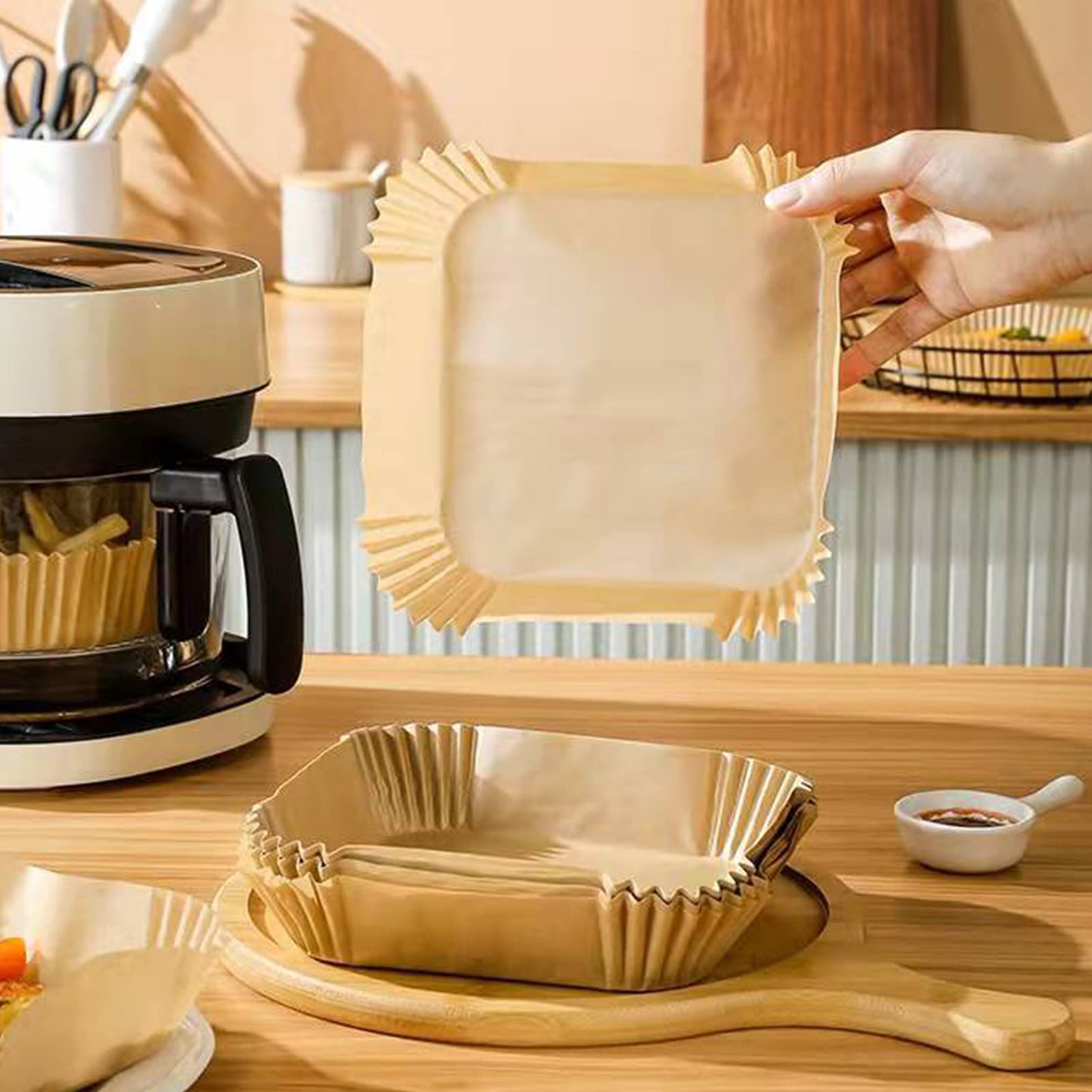 Carta Da Forno Per Friggitrice Ad Aria - 100 Pezzi, 16 Cm, Quadrata, Antiaderente, Impermeabile, Resistente All'Olio, Usa E Getta, Per Air Fryer 2-4.5 Litri - 2