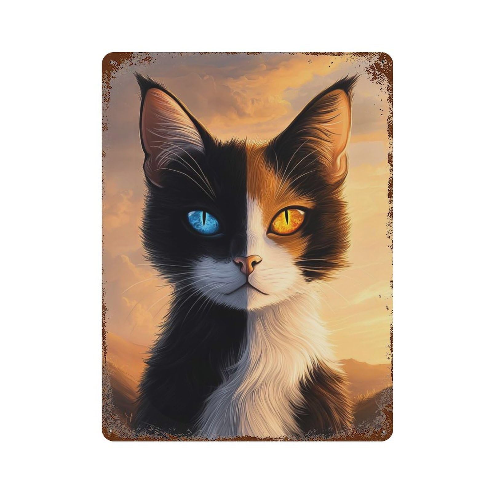 Distressed Metal Wall Sign Calico Cat 15.7"x11.8", Old School Wall Decor for Bistro, Counter And Cafe Decor