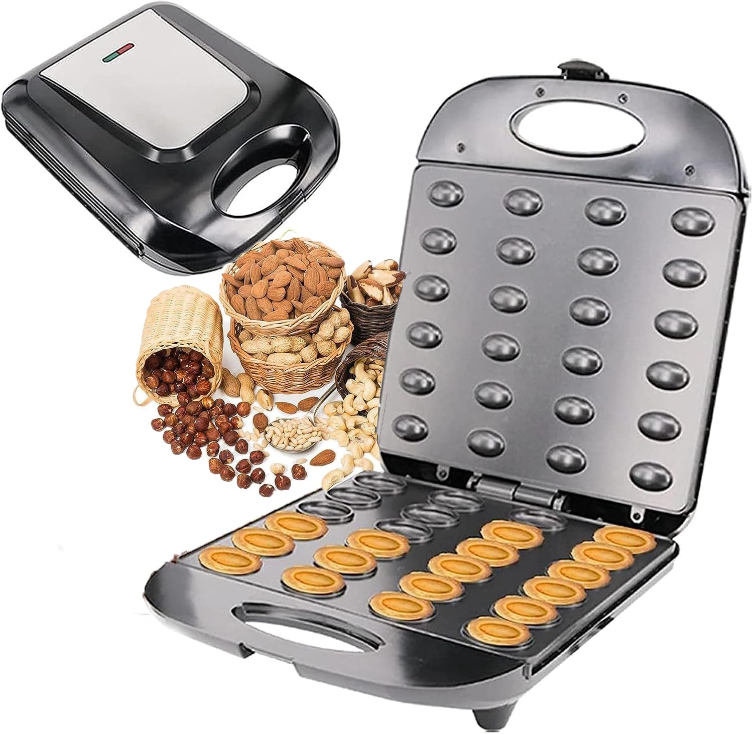 OFNHJK Walnut Cookie Maker, 1400W Electric Nut Walnut Cake Maker with Non Stick Coating and Indicator Light, Support Double Sided Heating, Homemade Dried Fruit Maker for Home Kitchen Use