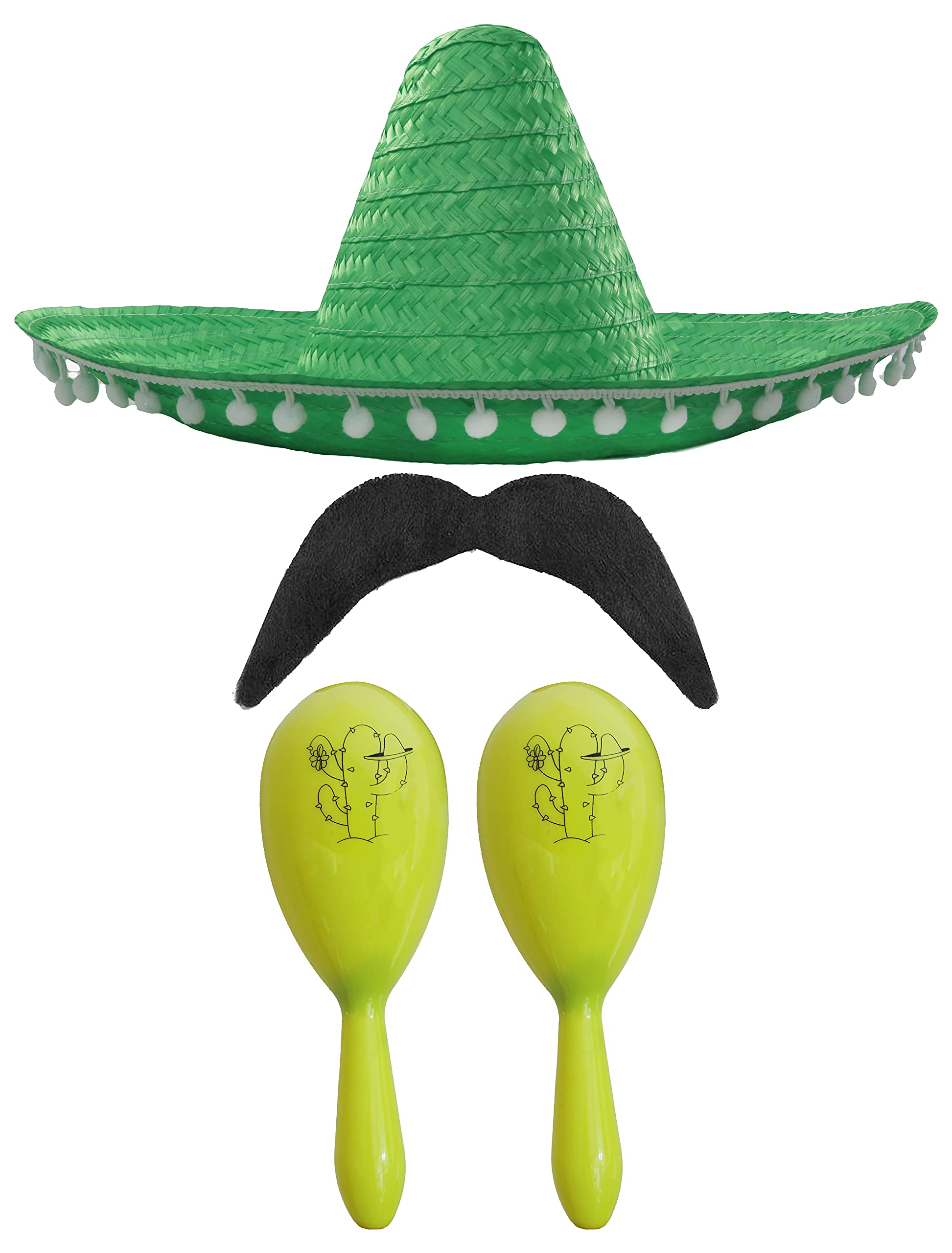 Adults Mexican Accessory Set - Green Mexican Sombrero, Yellow Maracas, Moustache - Mexican Cinco de Mayo Sensorita Bandit Mariachi Fancy Dress Costume Accessory Set