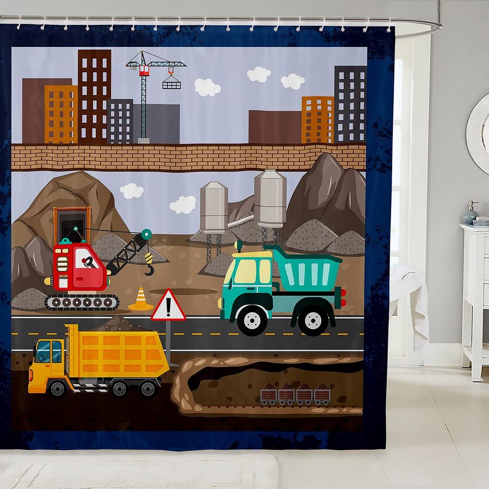 Loussiesd Cartoon Construction Excavator Bath Curtain Vehicles Truck Car Shower Curtain for Machinery Bulldozer Crane Bathroom Fabric Shower Curtain Set Waterproof Curtains 72x72 Inch