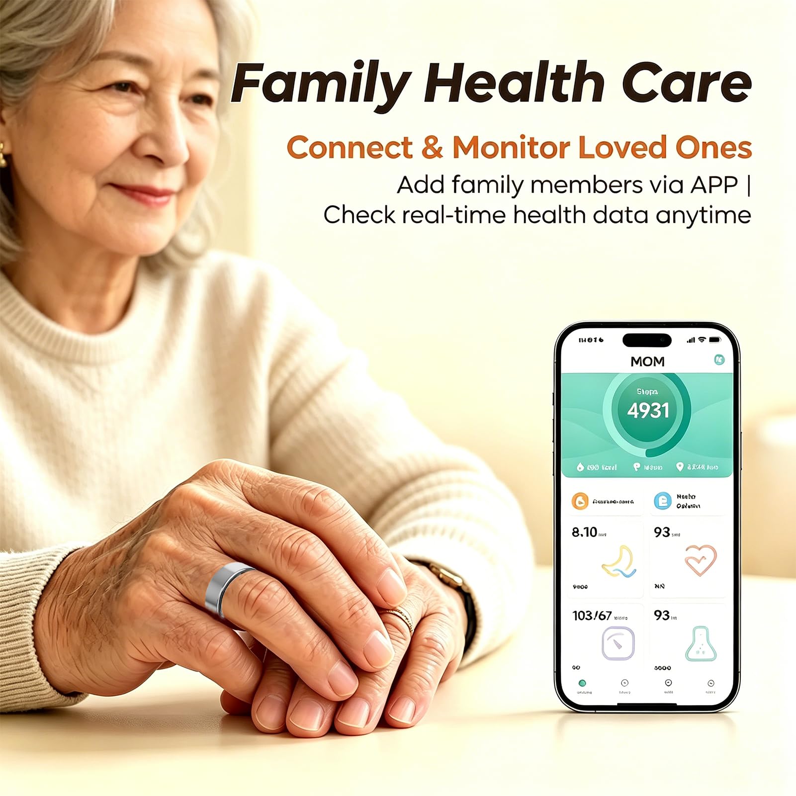Smart Ring Moniteur de fitness et de santé pour homme et femme, moniteur de pas, étanche IP68, pas de frais d'abonnement, compatible avec iOS Android (argent, 10#)