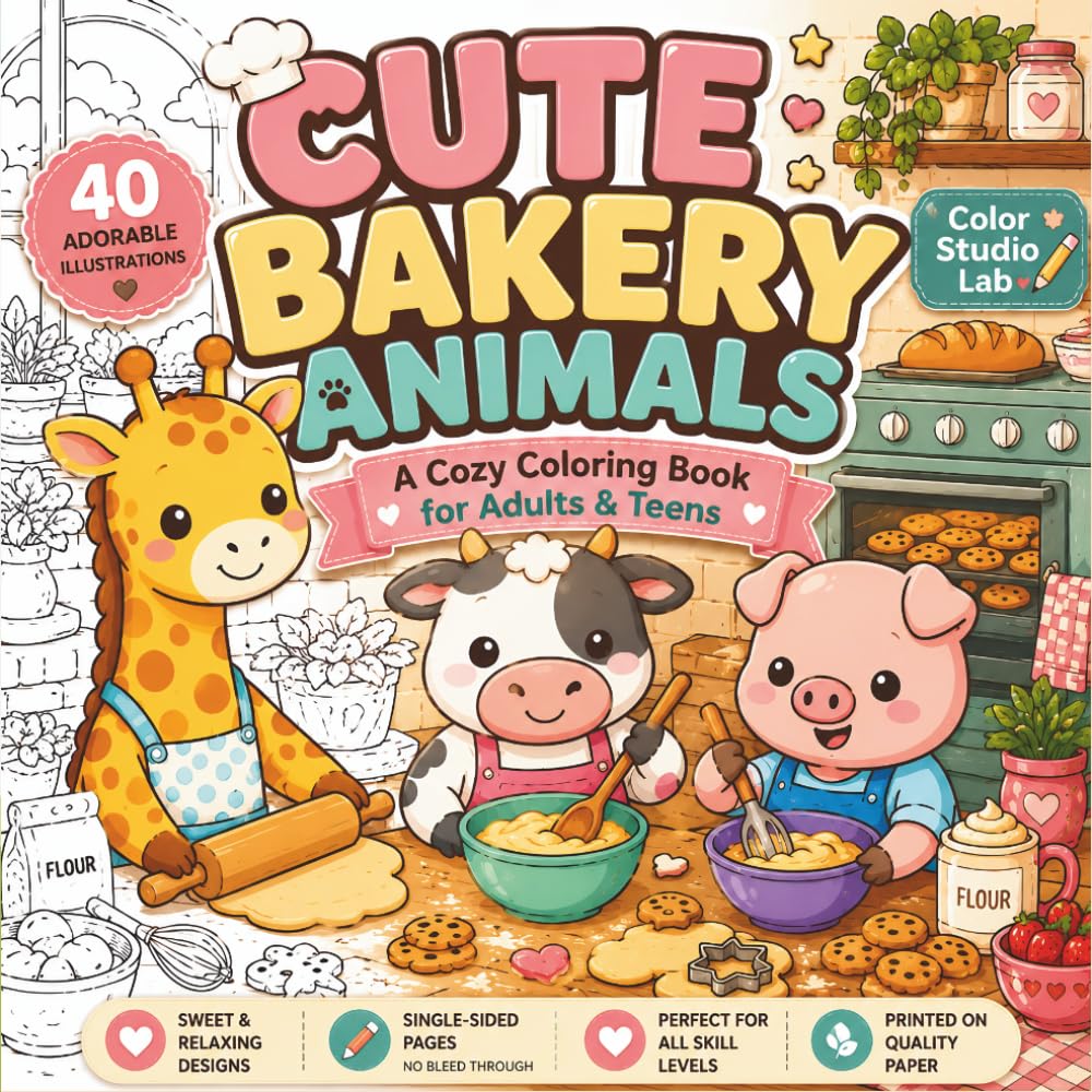 Cute Bakery Animals: A Cozy Coloring Book for Adluts & Teens