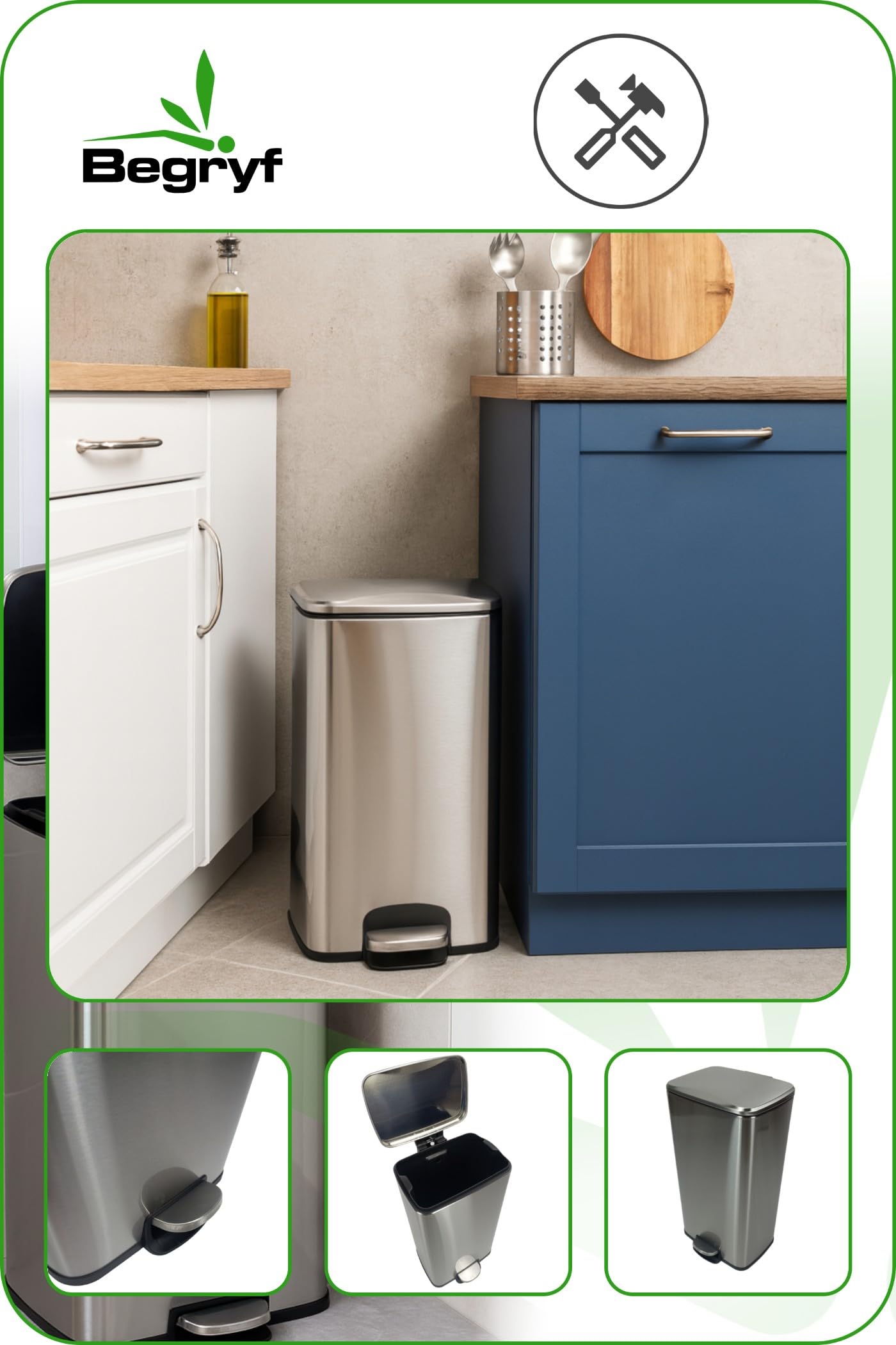 Mülleimer 35L, Edelstahl Treteimer mit Inneneimer, Abfalleimer Küche mit Pedal, Abfallbehälter Edelstahl modern, Müllbehälter mit Deckel, Hygienischer Pedaleimer für Küche und Büro