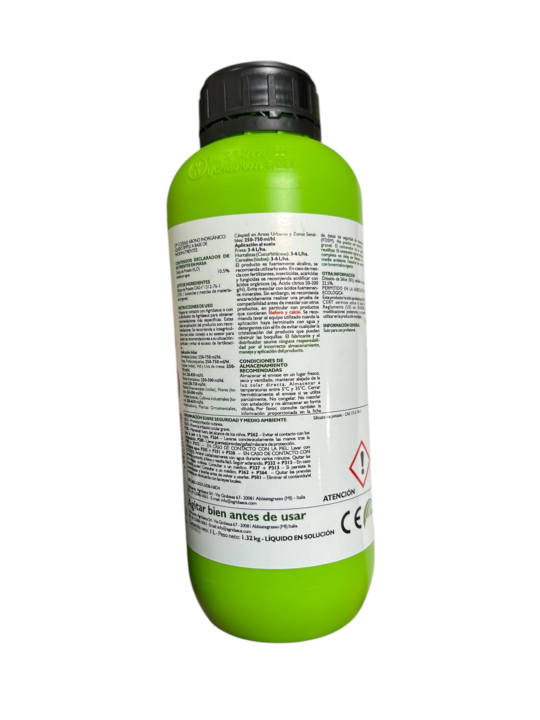 Silicato de potasio(10,5%), 1 litro, fertilizante rico silicio para protección termica de cultivos, contra heladas y cambio termico. Dióxido de silicio, 22,5%