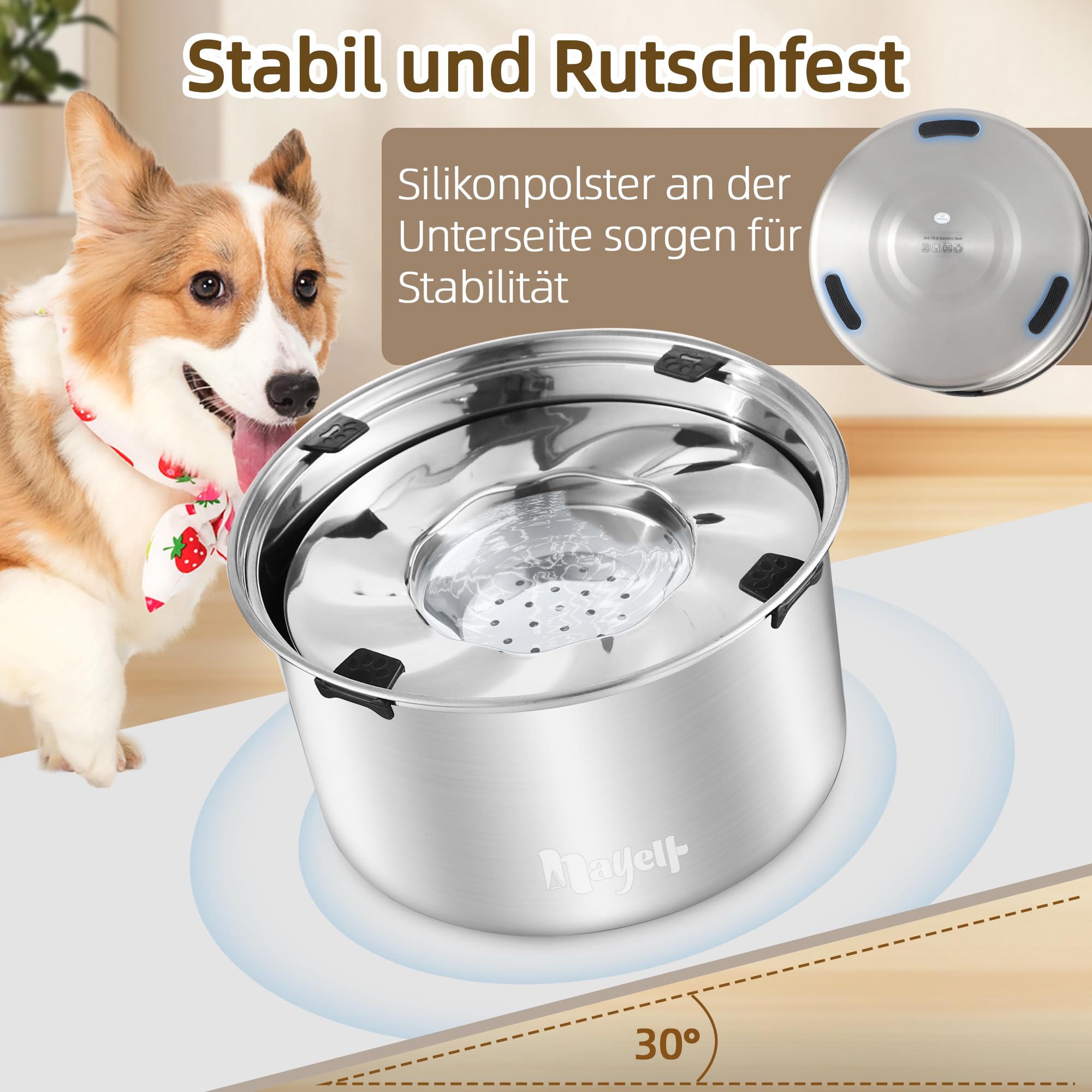 5,6 l, ciotola per l'acqua per cani senza sbavare, ciotola per cani anti-scivolo, in acciaio inox 304 con fondo antiscivolo, ciotola per cani di taglia grande e grande (5,6 L)