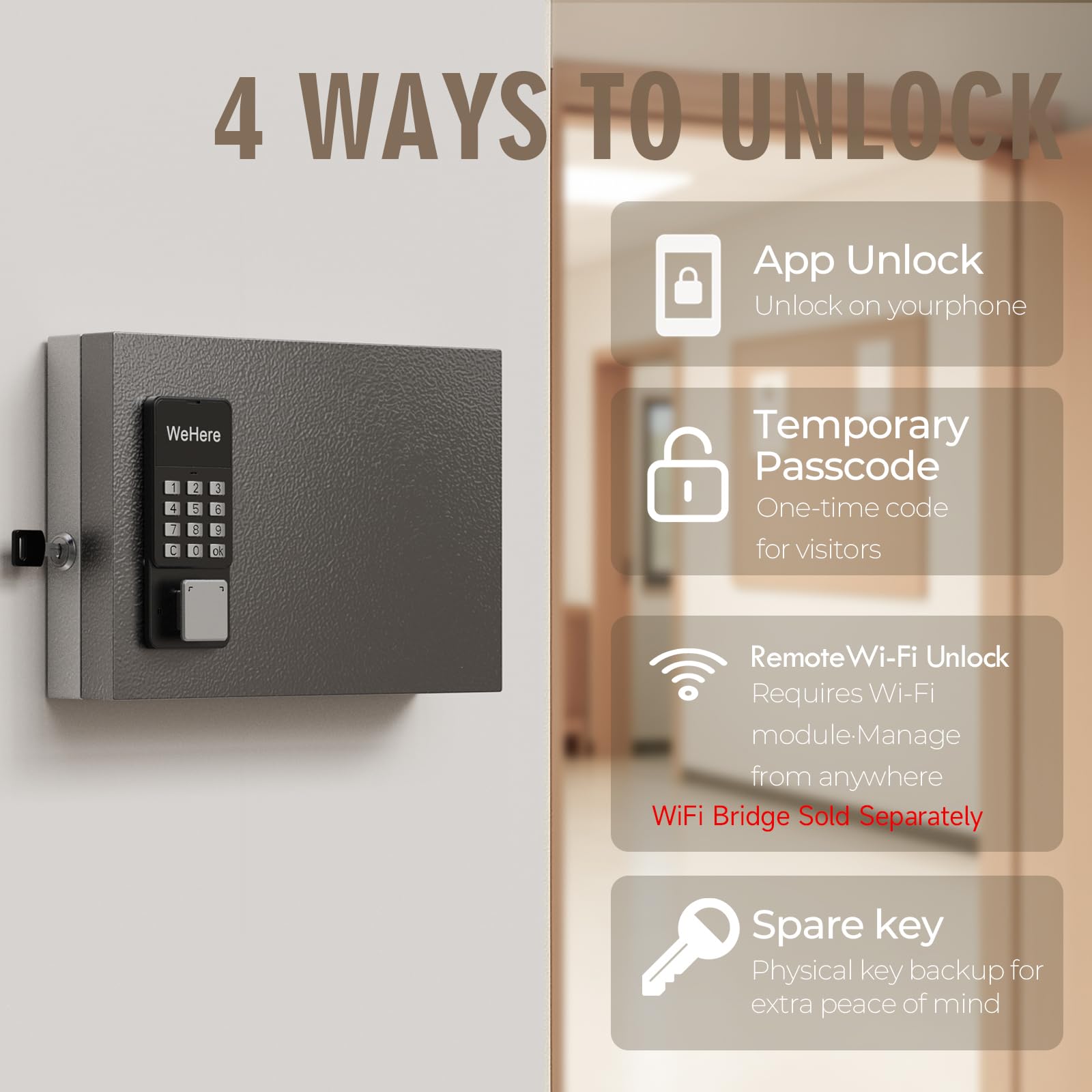 WeHere Schlüsselschloss Box Wandhalterung, 16 Schlüssel Schrank mit Smart Lock, Sicherheitsschlüssel Aufbewahrungsbox mit Zahlenschloss & Tags, OTP/APP/Fixed Code Unlock, Key Management System für