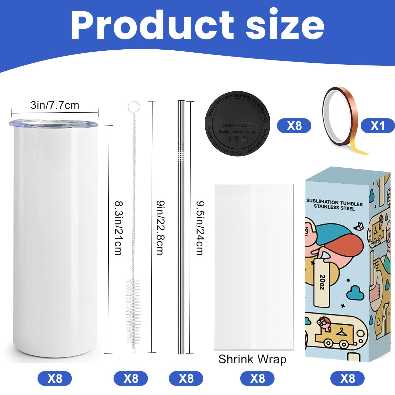 Gobelet pour Sublimation - Caffoltgo Lot de 8 Gobelets Droit en Acier Inoxydable 20 oz, Blanc, Inclut Couvercle et Pailles, Emballage Individuel Rétractable (8pcs)