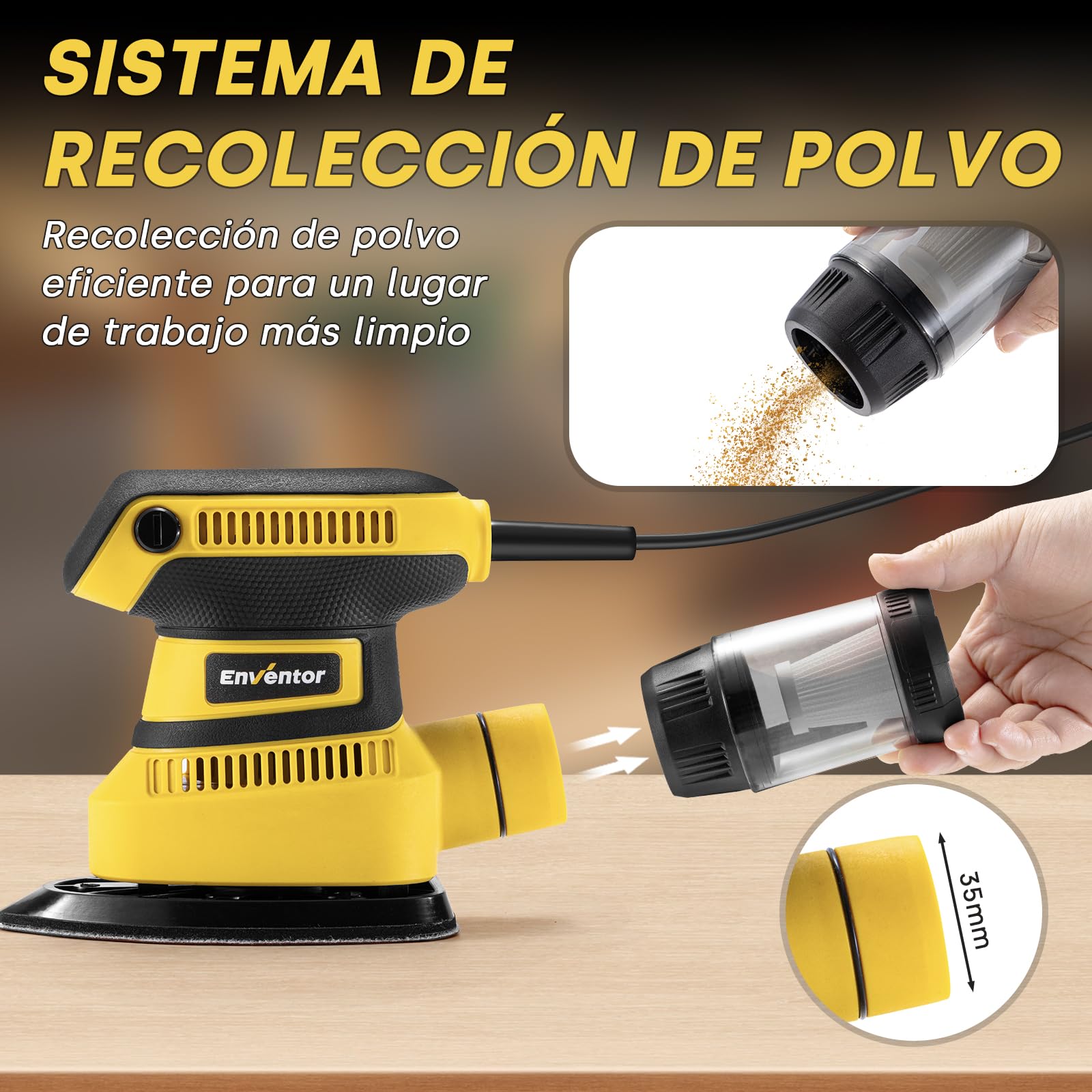 Enventor Lijadora Mouse 210W, Lijadora Madera con Velocidad 15000RPM, 16PCS Lija (80, 120, 180, 240 Grit), con Caja de Polvo, Lijadoras Delta Electrica para Lijar y Pulir Madera y Metal