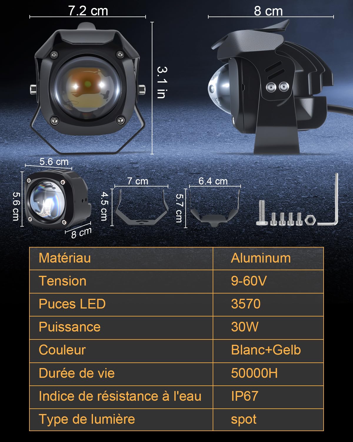 Dinfu 30W led Moto Phares supplémentaires 9v -60v LED ronds Phares antibrouillard IP68 Spotlights 3 modèles de flash avec 2 supports de montage pour moto ATV UTV Dirt Bike 4x4 Pickup Truck Boot