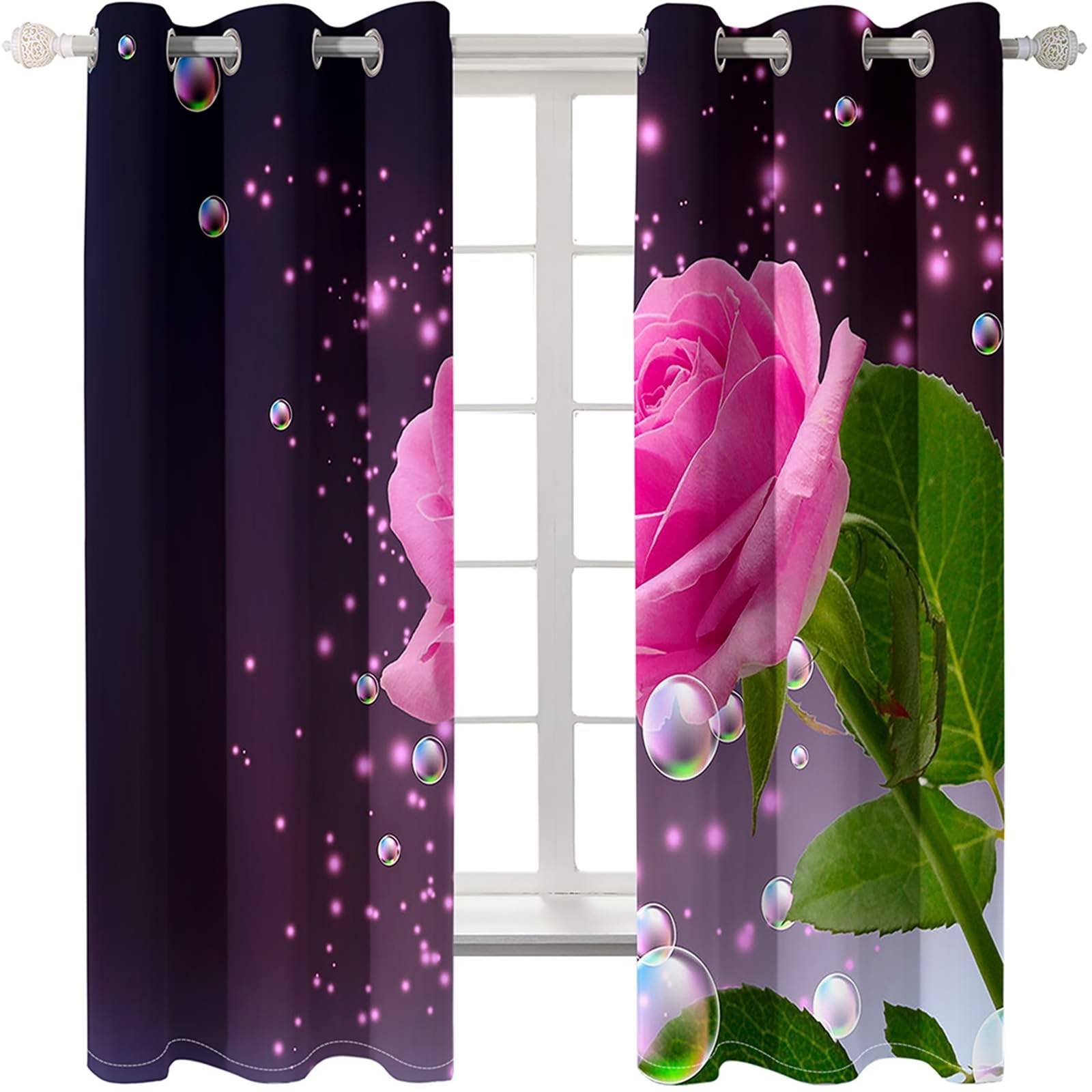 Verdunklungsvorhänge mit Ösen, 244x229cm Grün Rosa Dunkelviolett Rosa Rose und Wassertropfen Vorhang für Wohnzimmer/Schlafzimmer