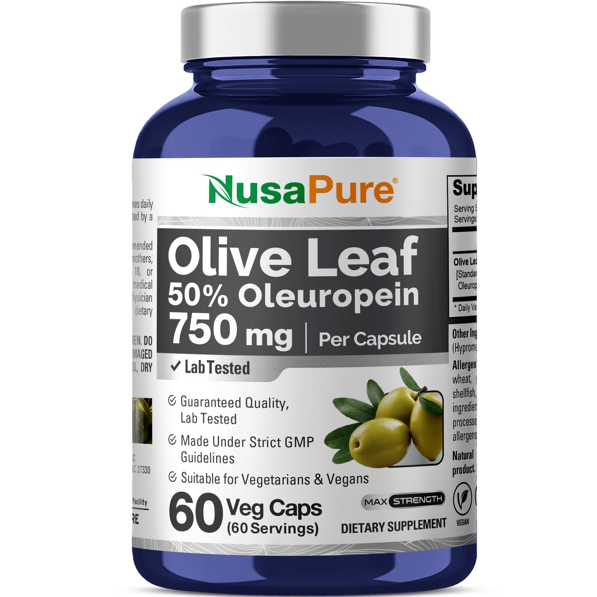Olive Leaf Extract, Vegan, Non-GMO, 750mg, 60 Capsules - 60 Servings 60 Count (Pack of 1)