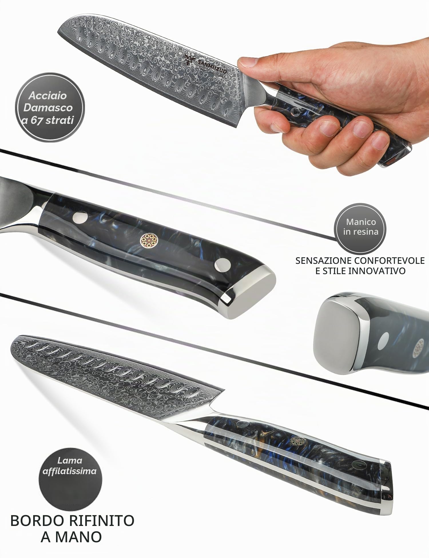 Coltello Santoku Professionale - Coltello da Cucina 18 cm, Coltello di Acciaio Damasco da 67 Strati- Impugnatura Ergonomica Resina - Xuan Series (Starry Black)