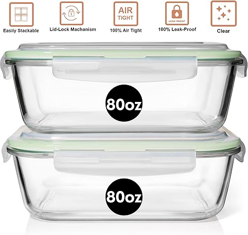Miniatura 7 de Razab 10 Cups/ 80 Oz 4 Pc (Set of 2) Glass Food Storage Containers with Airtight Locking Lids-For Storing & Serving Food. BPA Free & Leak Proof -