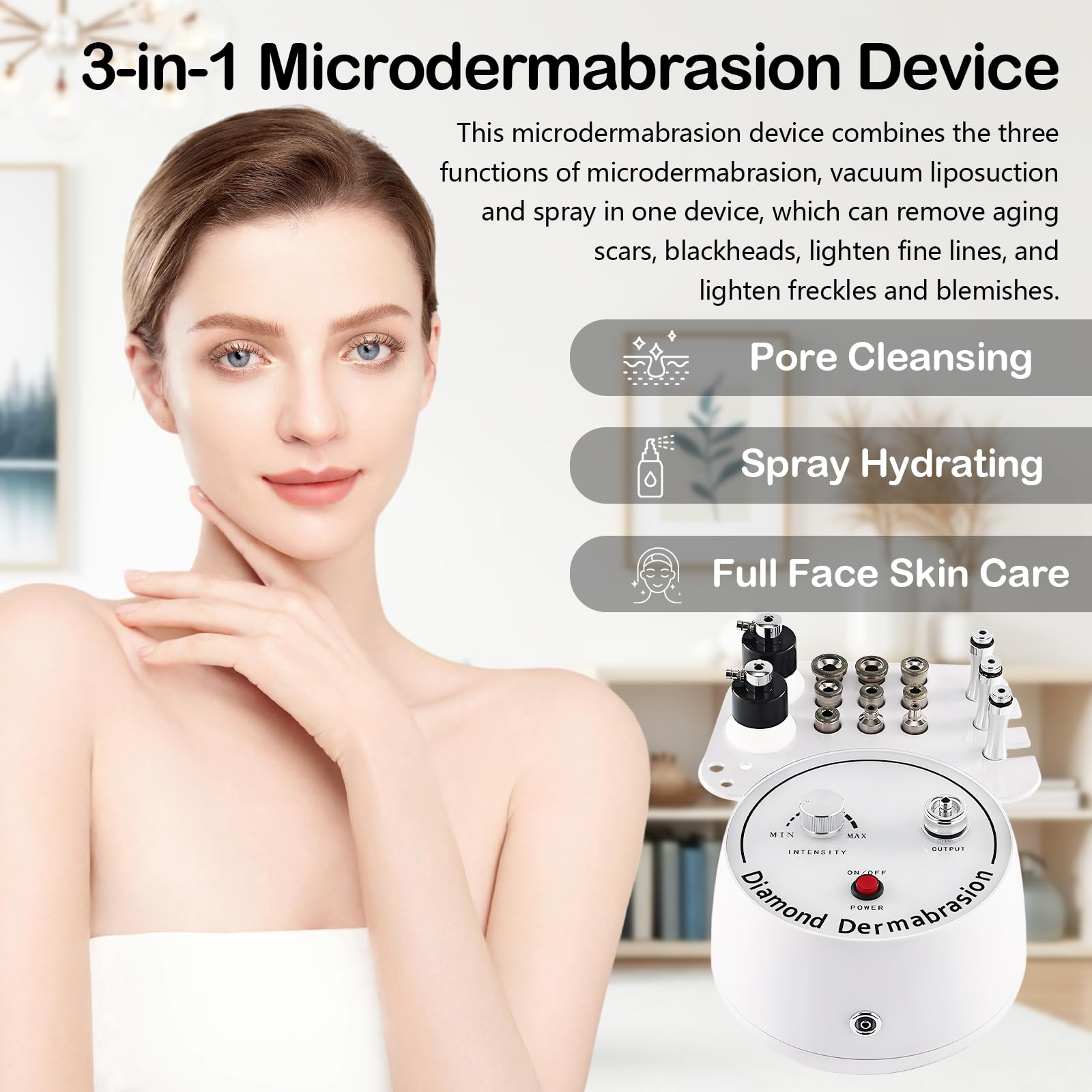 Diamant Mikrodermabrasionsgerät 3-in-1, Aquafacialgerät Peeling Gesichtshautpflegeausrüstung mit Vakuumglasröhre und Sprühflasche Gesichtsreinigungsgerät für Persönlichen Heimschönheitssalon