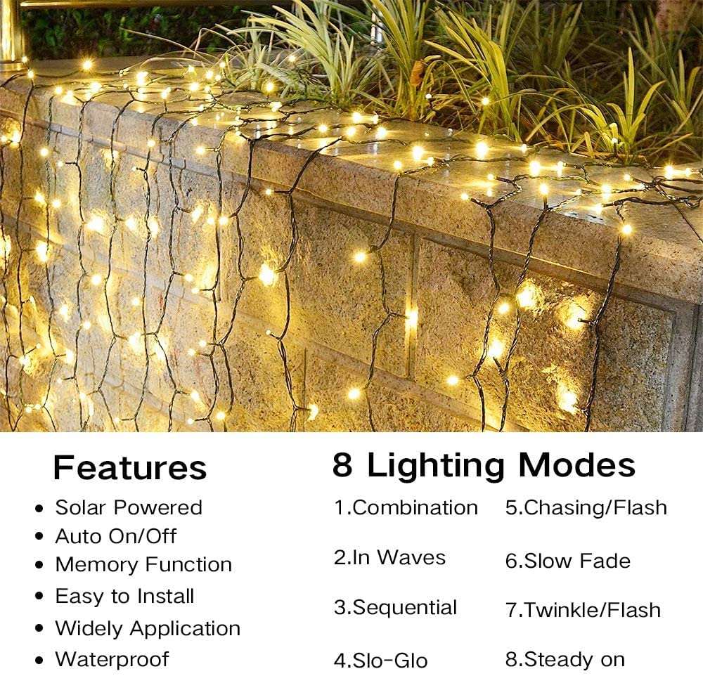 PhilzOps Catena Luminosa Solare Esterno, 2 Pezzi 22M 200 LED Natale Luce Stringa Solari Esterno 8 Modalità Impermeabile Luci LED Decorative con Memoria Per Giardino Albero Patio Festa, Bianco Caldo