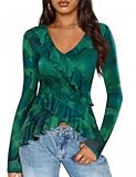 Women&apos;s Long Sleeve Floral Shirts V Neck Going Out Ruffle Tops Blouses 2025 Fall Fashion Clothes Outfits