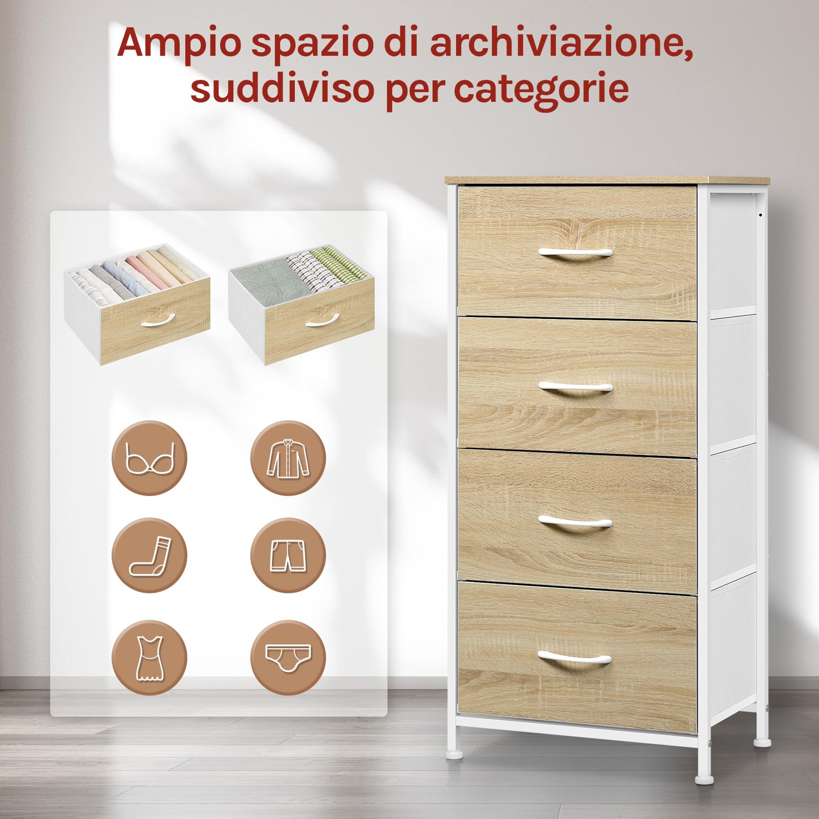 WOLTU Cassettiera, 4 Cassetti in Tessuto, Armadio di Stoccaggio per Camera da Letto Corridoio Soggiorno, Struttura in Acciaio, E1 Piano Legno, Rovere Chiaro+Bianco