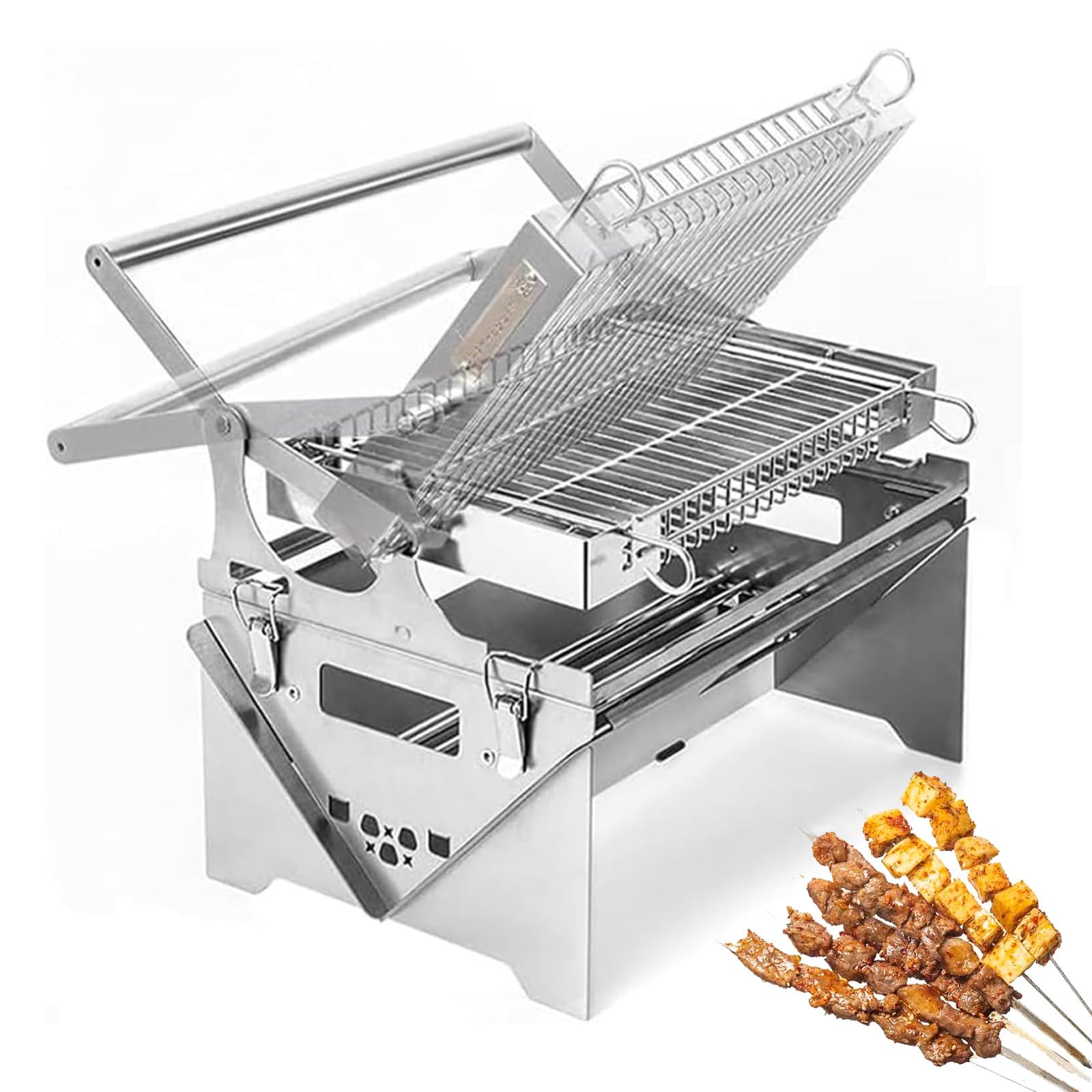 Barbecue portatile in acciaio inox a carbonella, girevole a 360°, facile da smontare, per picnic, campeggio, terrazza, feste, cucina all'aperto