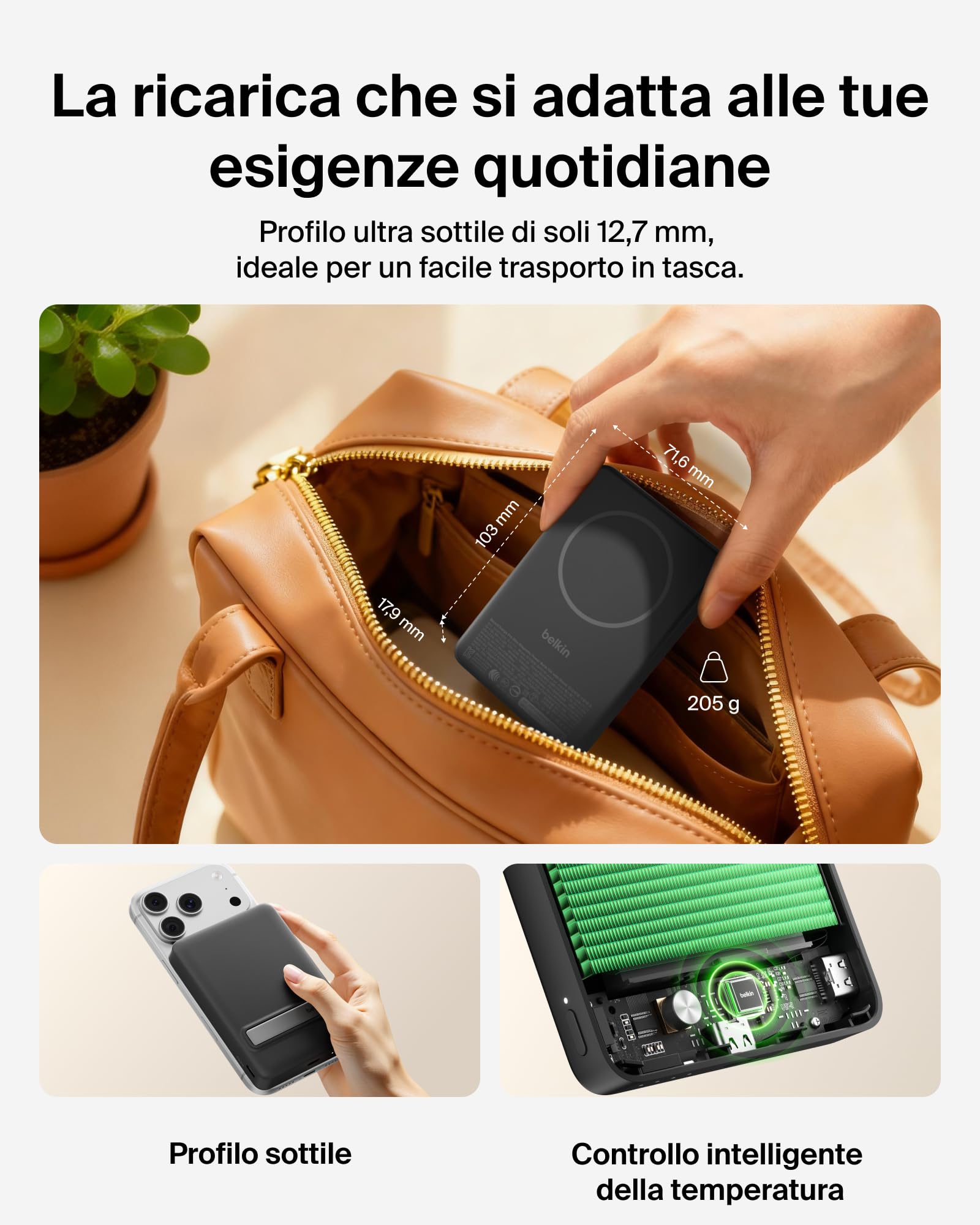 Belkin BoostCharge Power Bank Magnetico Sottile 10000mAh, Supporto - Nero | Caricatore Portatile 10000mAh Wireless, Certificato Qi2, Anello Magnetico, 1 USBC, Precaricato, Cavo Incluso, Sicuro in Aereo