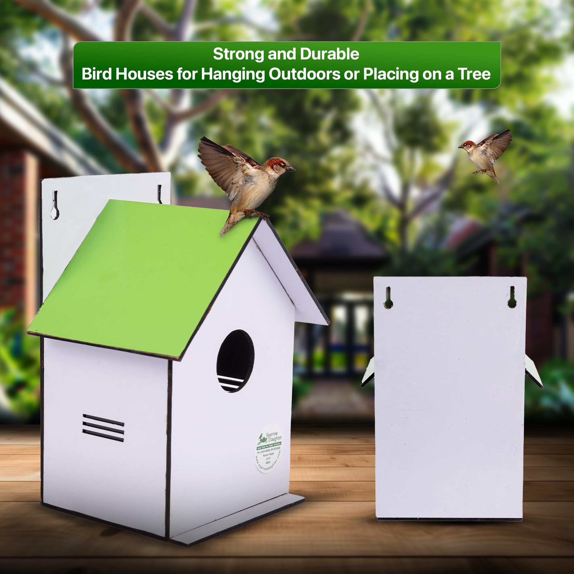 Sparrow Daughter Hut Shape MDF Bird House for House Sparrow, Love Birds, Wooden Bird Nest for Balcony & Garden Hanging, Medium Size,Light Green Color 2
