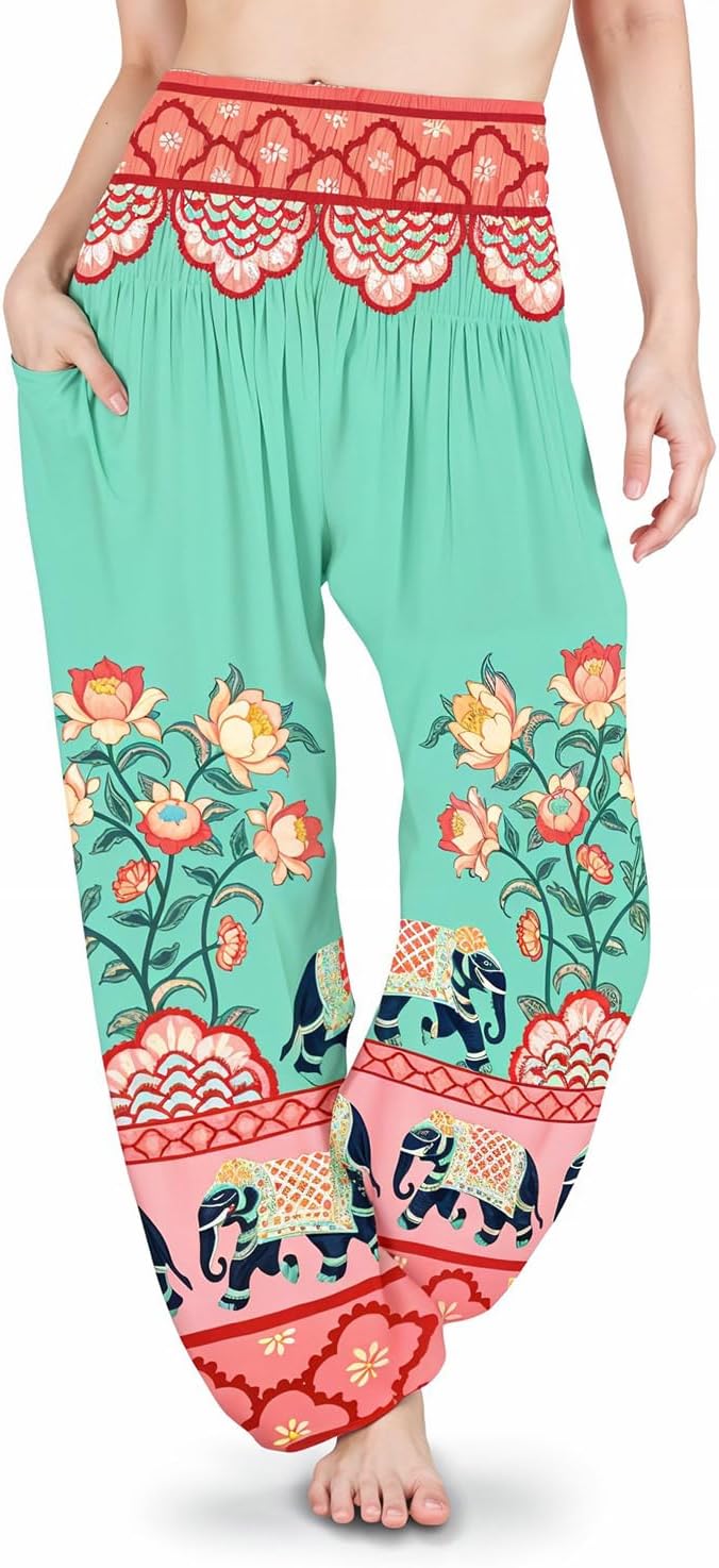 Atiya Harem Pants, Women's Yoga Boho Lounge Pants Smocked Waist with Pockets