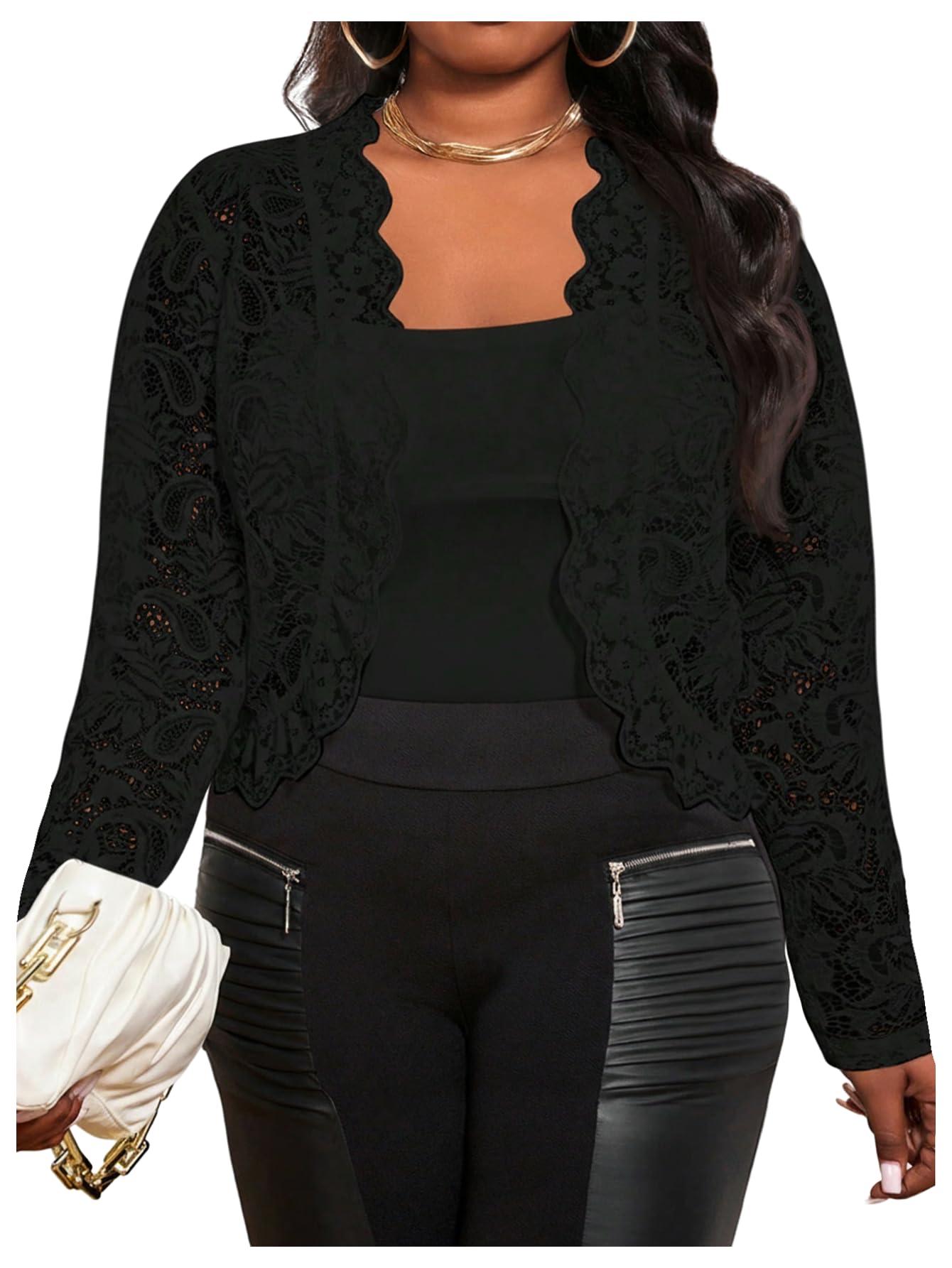 WDIRARA Womens Plus Size Lace Sheer Open Front Jacket Long Sleeve Lightweight Cardigan Outerwear