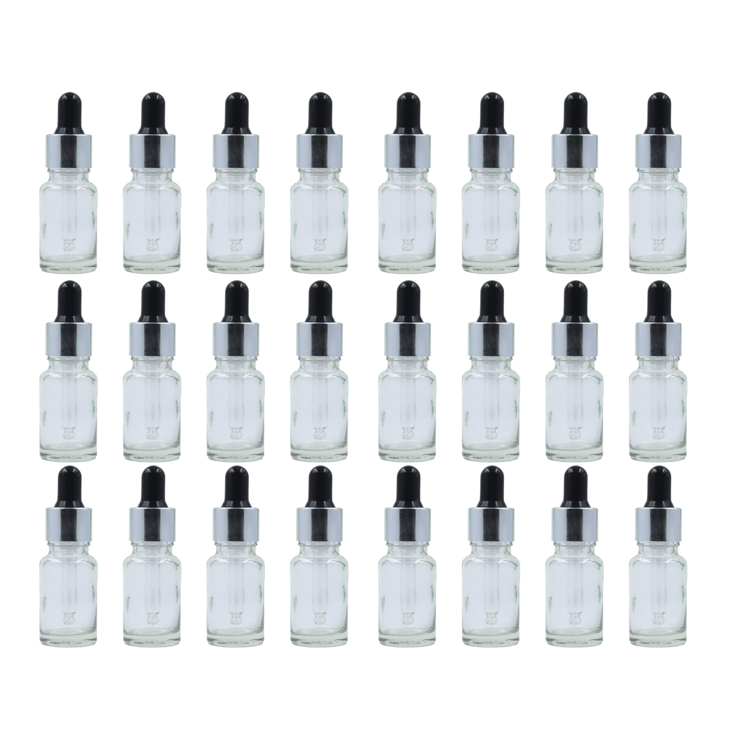 PHARCOS Transparent Glass Bottle with Euro Dropper for Essential Oil, DIY Beauty care with Silver ring + Black Silicone Teat, Leak Proof, Reusable, Refillable. 10ML - Pack of 24