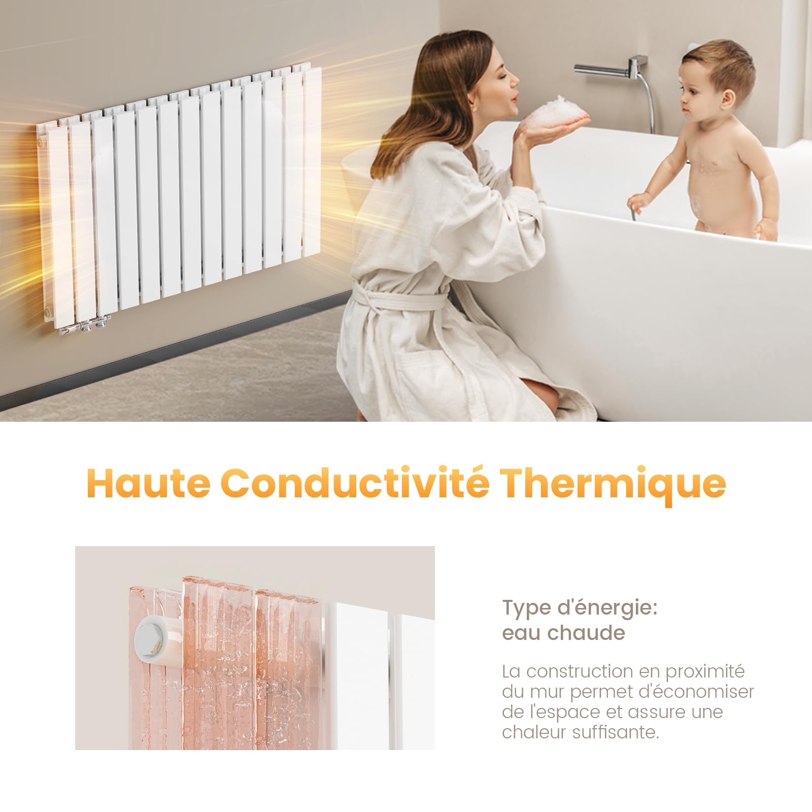 EMKE Radiateur Vertical, 630x1000 mm, Design À Raccordement Central, Radiateur À Panneaux Double Couche Mural, Blanc, 1343 Watts