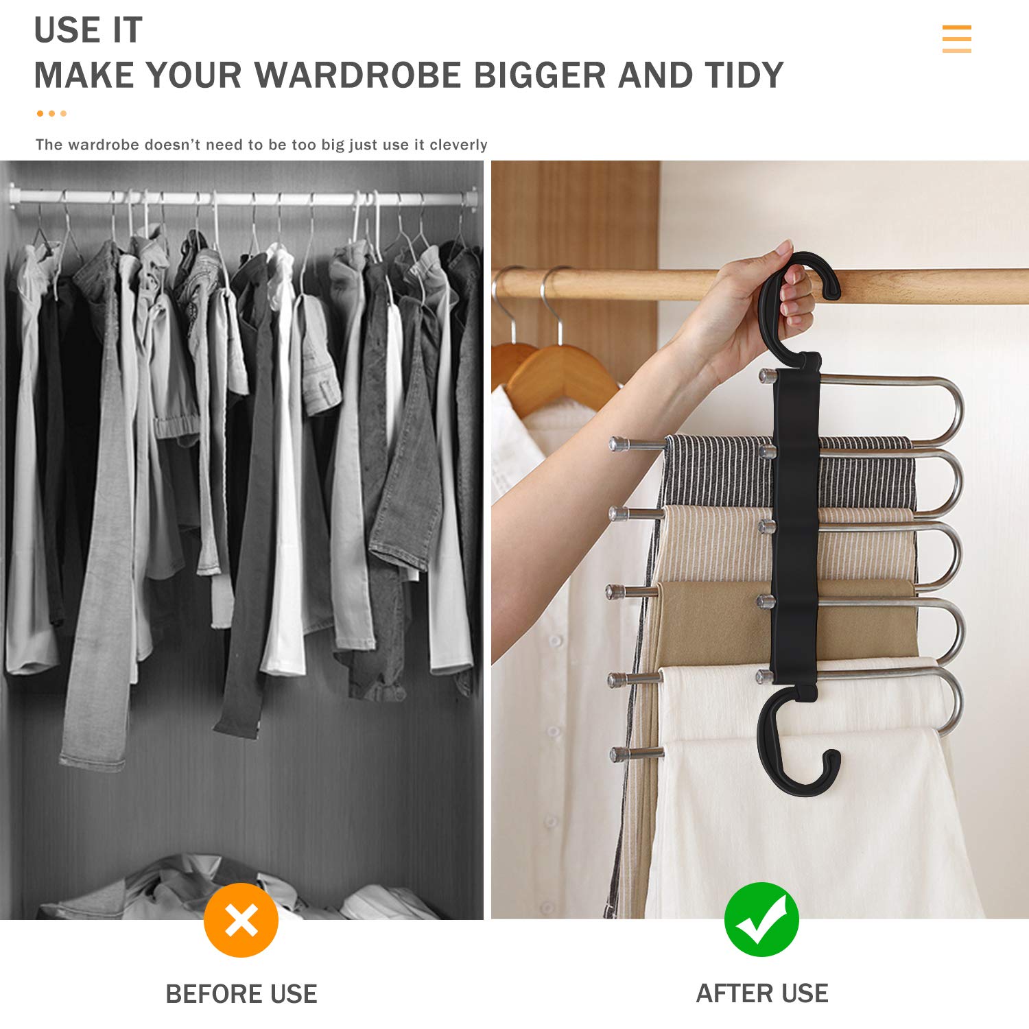 AIR&TREE 4 Pack Pants Hangers Space Saving,Anti-Rust Pants Organizer,Durable and Sturdy Installed Hangers for Pants Scarf Jeans Slack Trousers Ties Towels in Closet,5 in 1(Black)