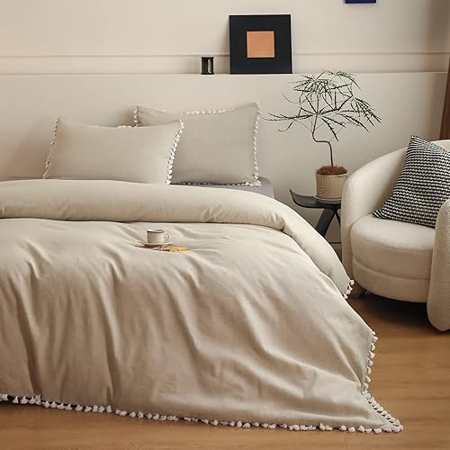Simple&Opulence Juego de funda de edredón de lino bohemio con flecos de borlas, juego de edredón de mezcla de algodón de lino de 3 piezas, 1 funda