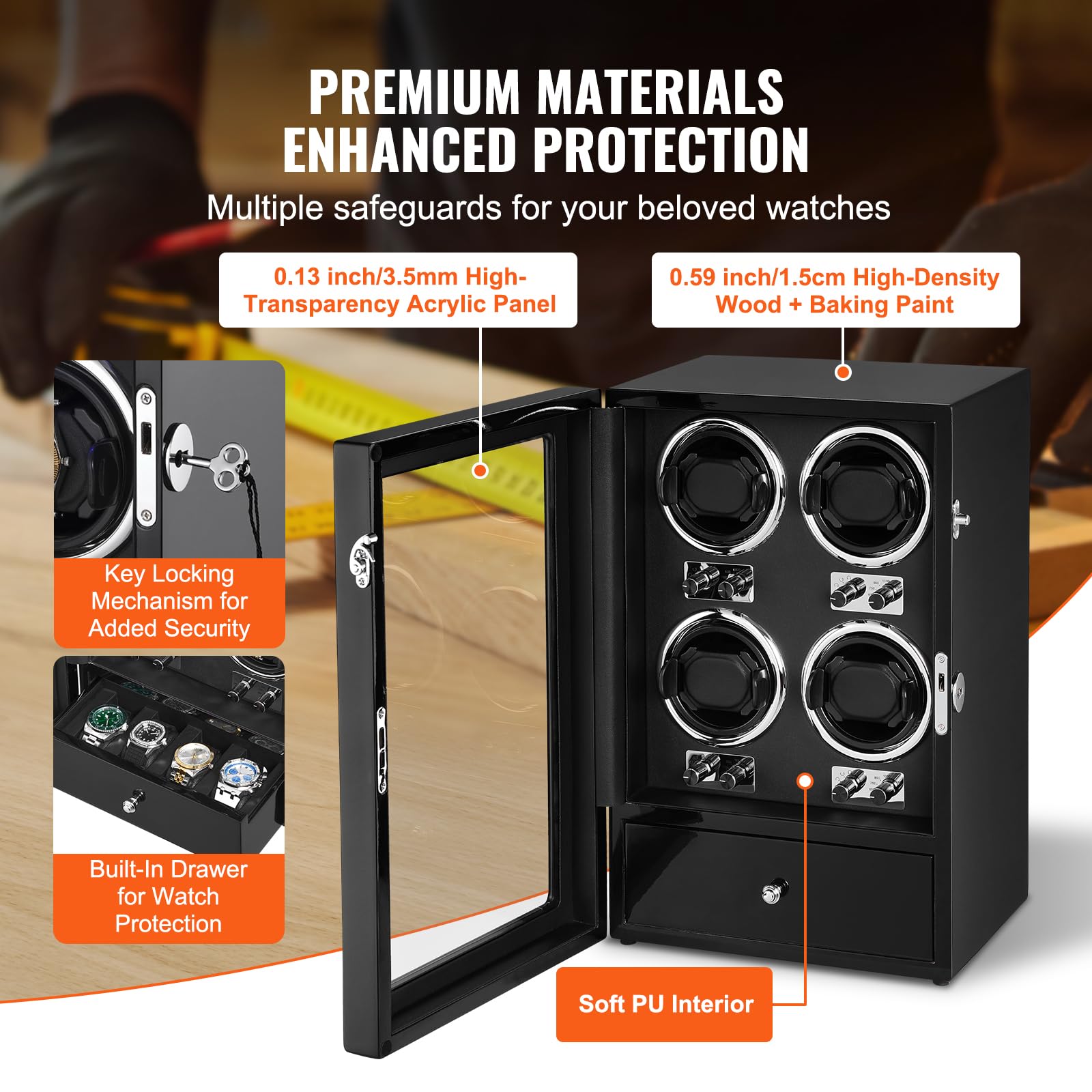 VEVOR Uhrenbeweger Uhrenbeweger für 4 Herren Damen Automatikuhren, mit 4 super leisen japanischen Mabuchi-Motoren, blauem LED-Licht und Adapter, hochdichter Boardschale und schwarzem PU