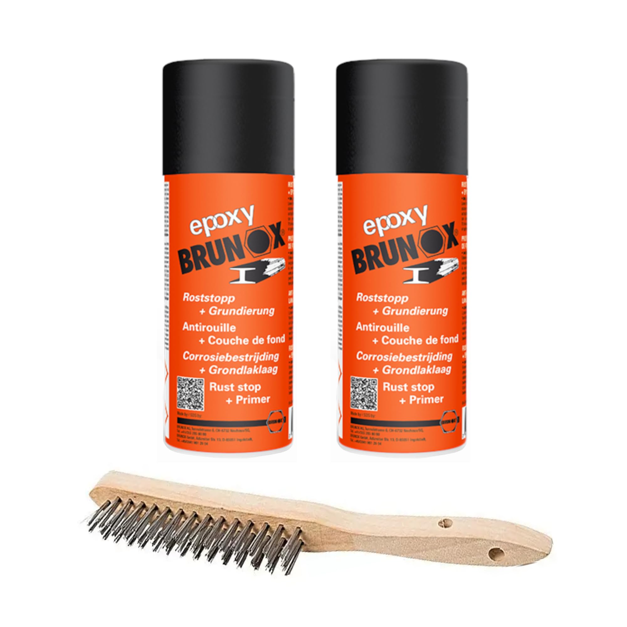 BRUNOX® Epoxy Rostumwandler Spray Set – 2x 400ml Rostschutz & Grundierung + 1 Drahtbürste Korrosionsschutz für Auto, Metall, Karosserie, Industrie & Haushalt