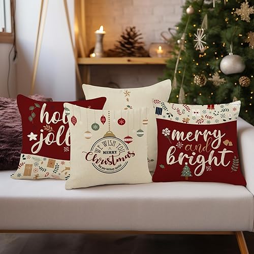 Miniatura 2 de Juego de 4 fundas de almohada decorativas de Navidad de 18 x 18 pulgadas, fundas de almohada decorativas de Navidad con diseño de árbol de Navidad,