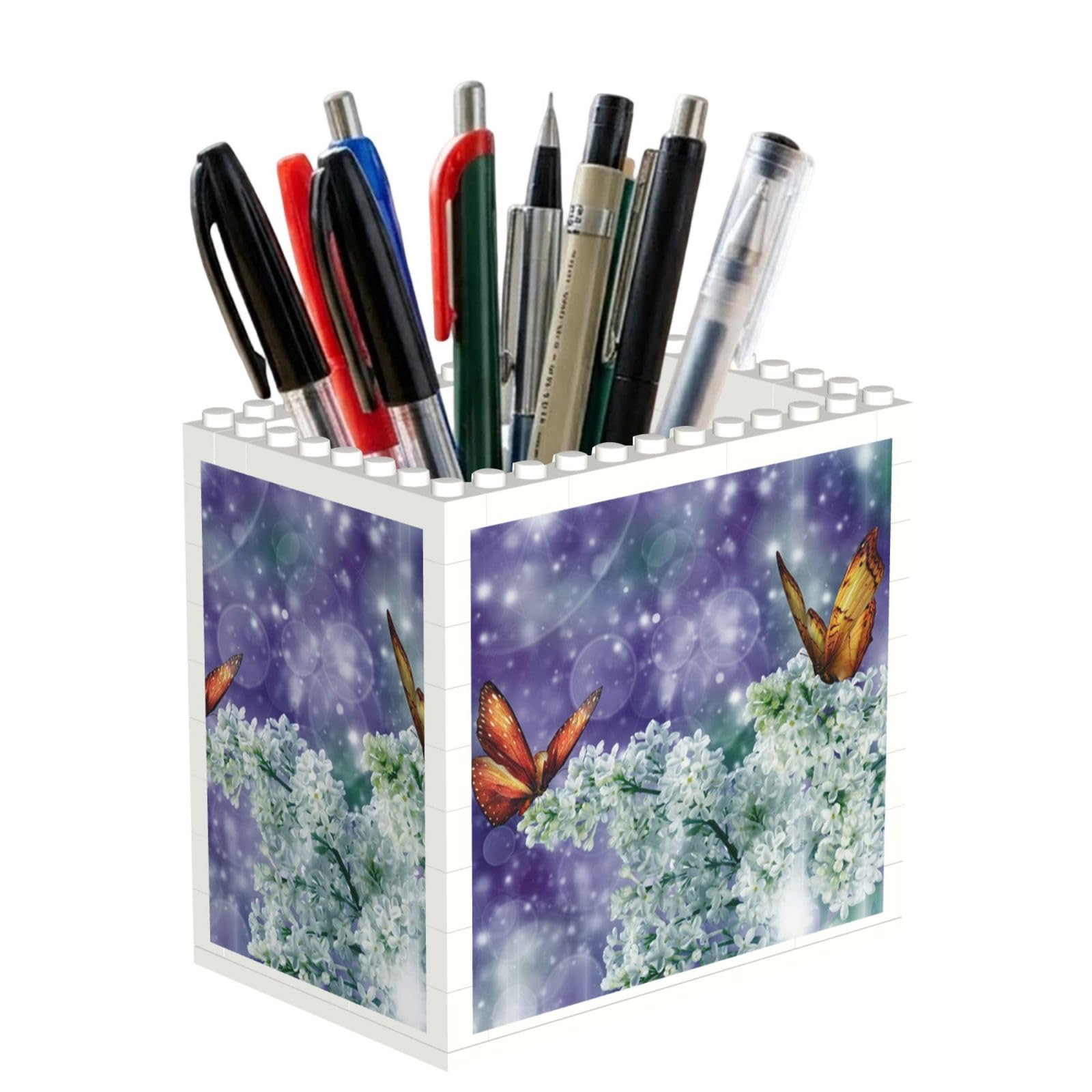 SATUSA Beautiful Butterflies Print Building Block Texture Pen Holder - Pencil Holder For Desk Pen Organizer,Aesthetic Desk Accessories For Women(1pcs)