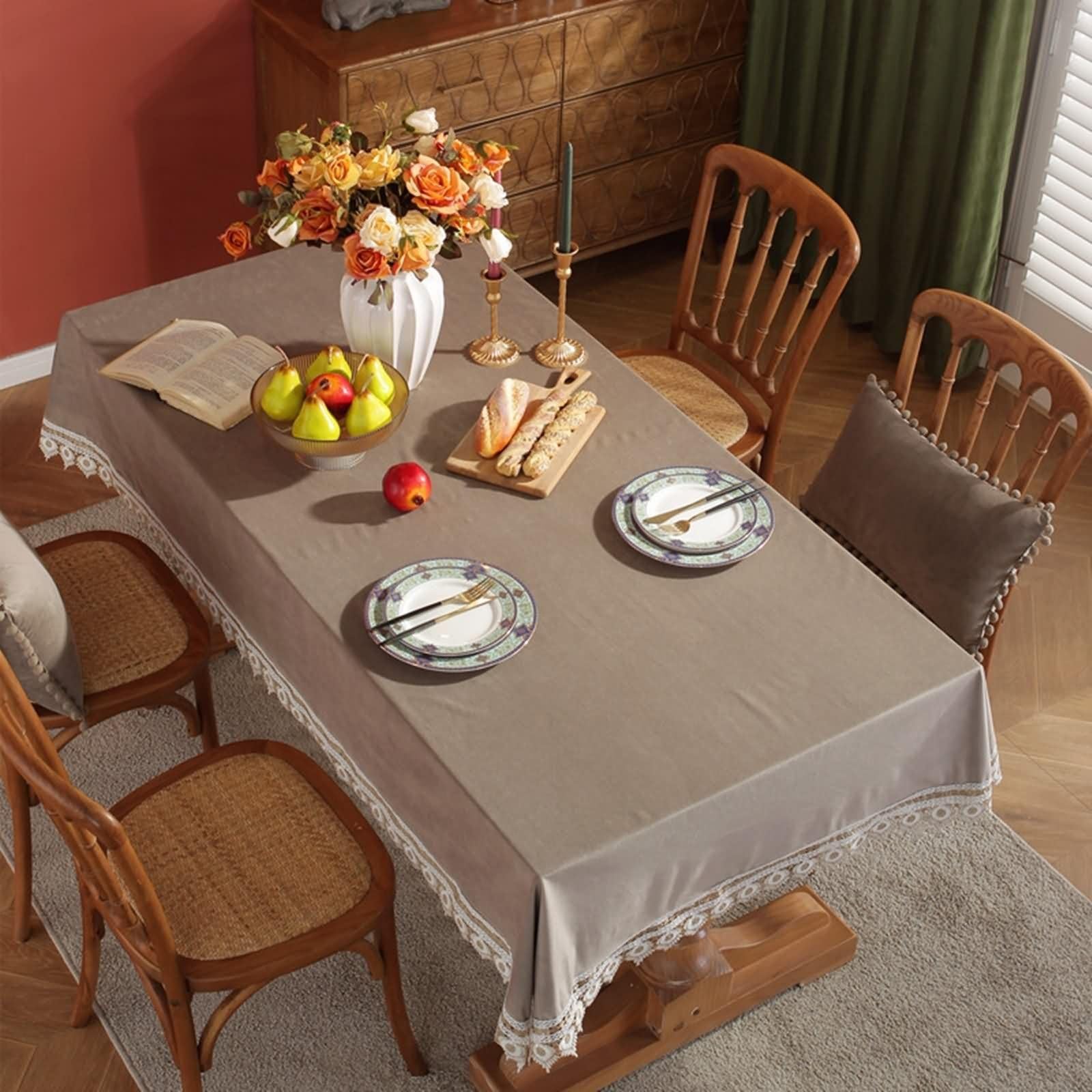 Mantel Rectangular Antimanchas Color Sólido con Encaje Mantel Poliéster Mesa Gris,140x260CM