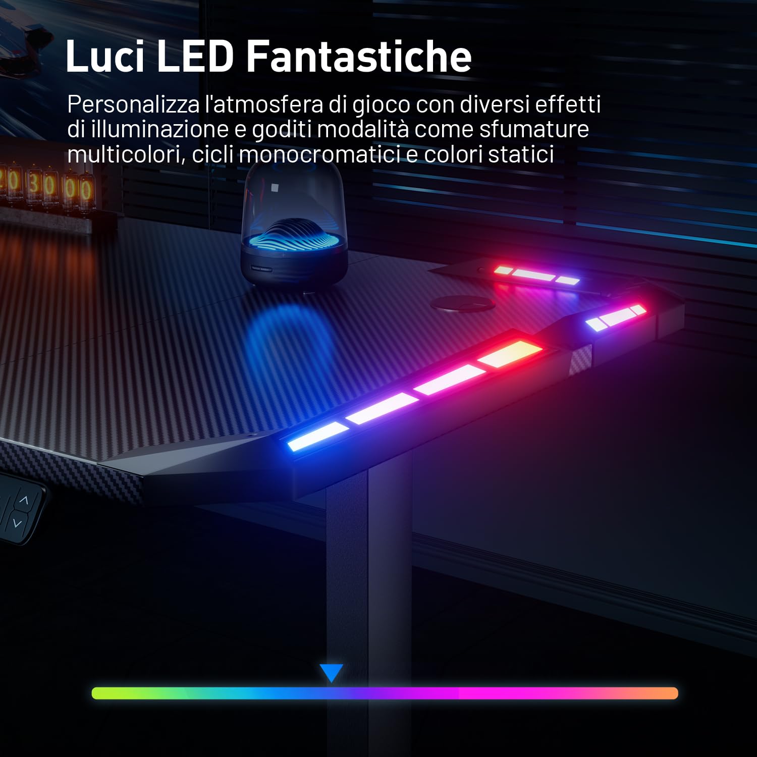 HLFURNIEU Scrivania Gaming LED 120 x 60 cm, Scrivania Regolabile in Altezza, con 2 Controlli Memoria, Altezza Aegolabile, Superficie in Fibra di Carbonio, Facile da Montare, Nero