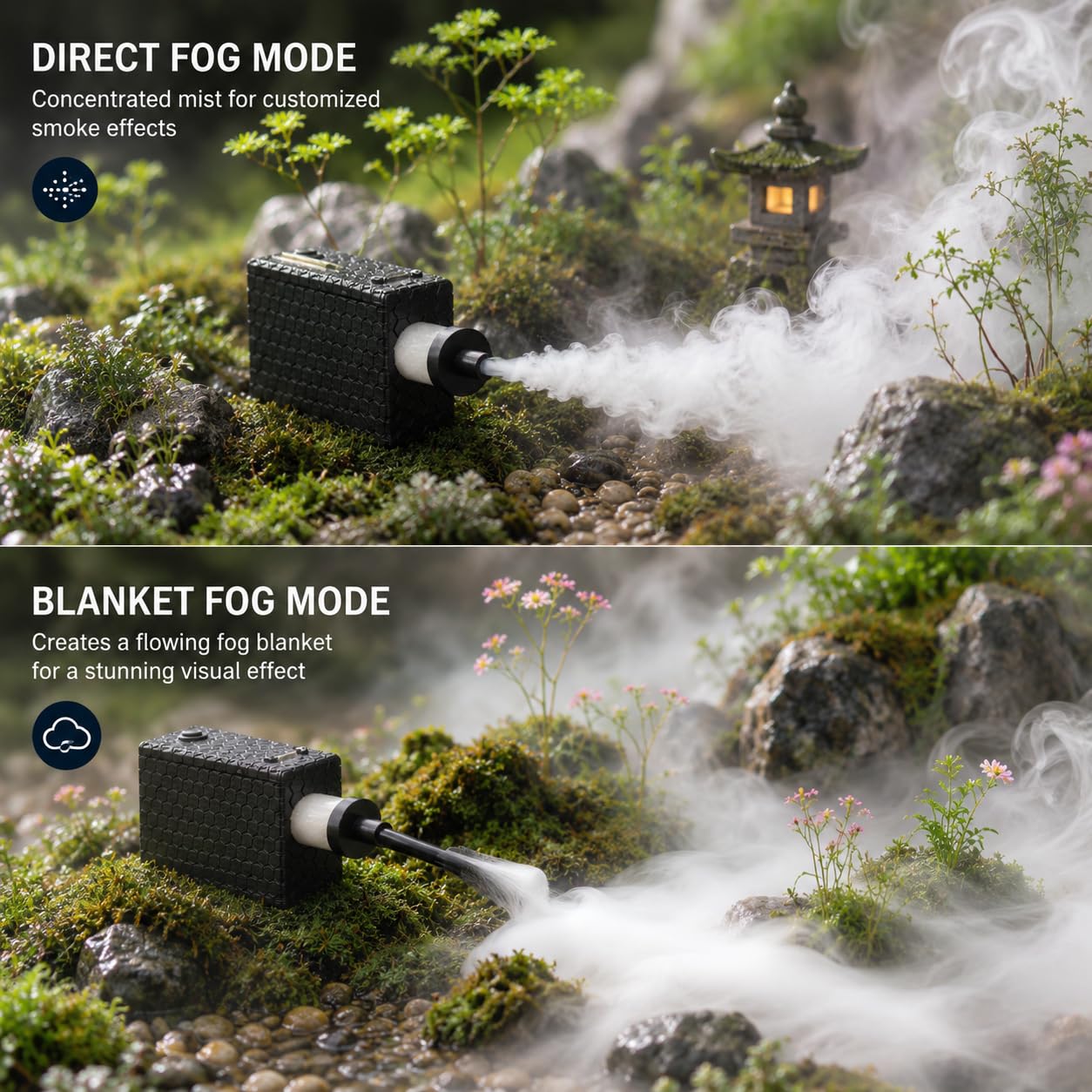 Encendido instantáneo, 3 niveles de humo, temporizador con protección automática, ideal para fotografía, vídeo, bodas y fiestas | Mini máquina de humo portátil con batería y mando a distancia