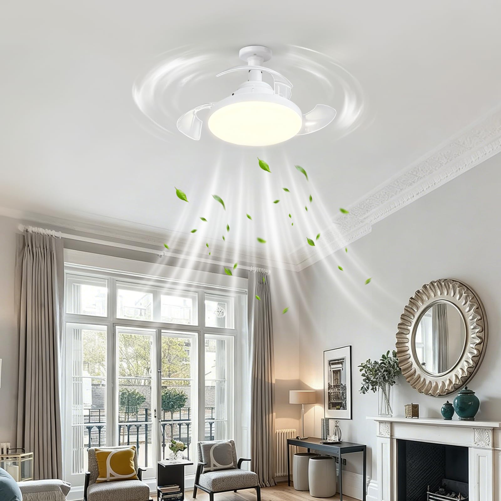 Ventilador de Techo con Luz, 40CM Pequeño Lampara Lampara Ventilador Techo, Asas ocultas, 4 Velocidades, E27, Silencioso, Regulación de la Intensidad, Abanico para Interior Dormitorio Sal (B)