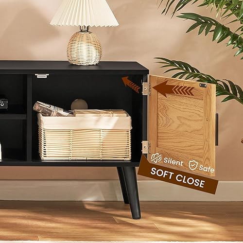 Miniatura 6 de Iwell Soporte de TV de ratán para TV de 55, 65, 70 pulgadas, centro de entretenimiento con estante ajustable y 2 gabinetes, soportes de TV para sala