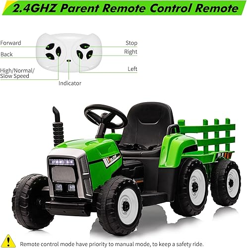 Miniatura 2 de Carril de paseo para niños de 12 V, tractor eléctrico a batería con remolque, neumáticos con doble motor de 25 WRC, 7 luces LED, audio MP3 verde