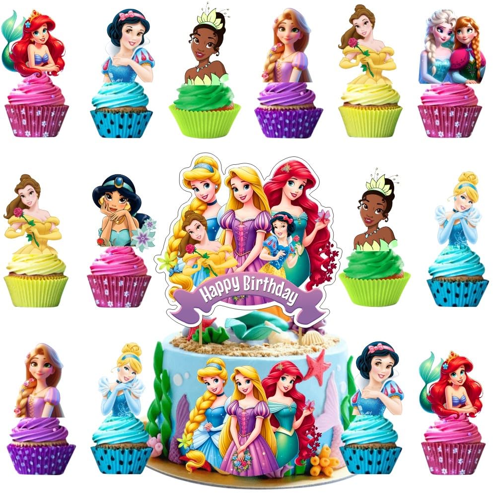 25Pcs Princess Cake Decorations with 24pcs Cupcake Toppers 1pcs Cake Topper for Princess Themed Birthday Party Supplies